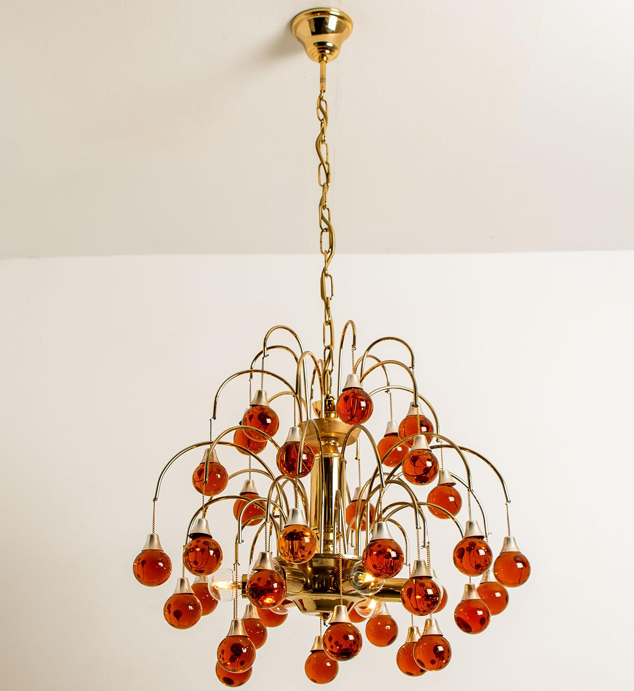 Pair of Brass Orange and Red Four Tiers Murano Chandeliers, 1970s 10