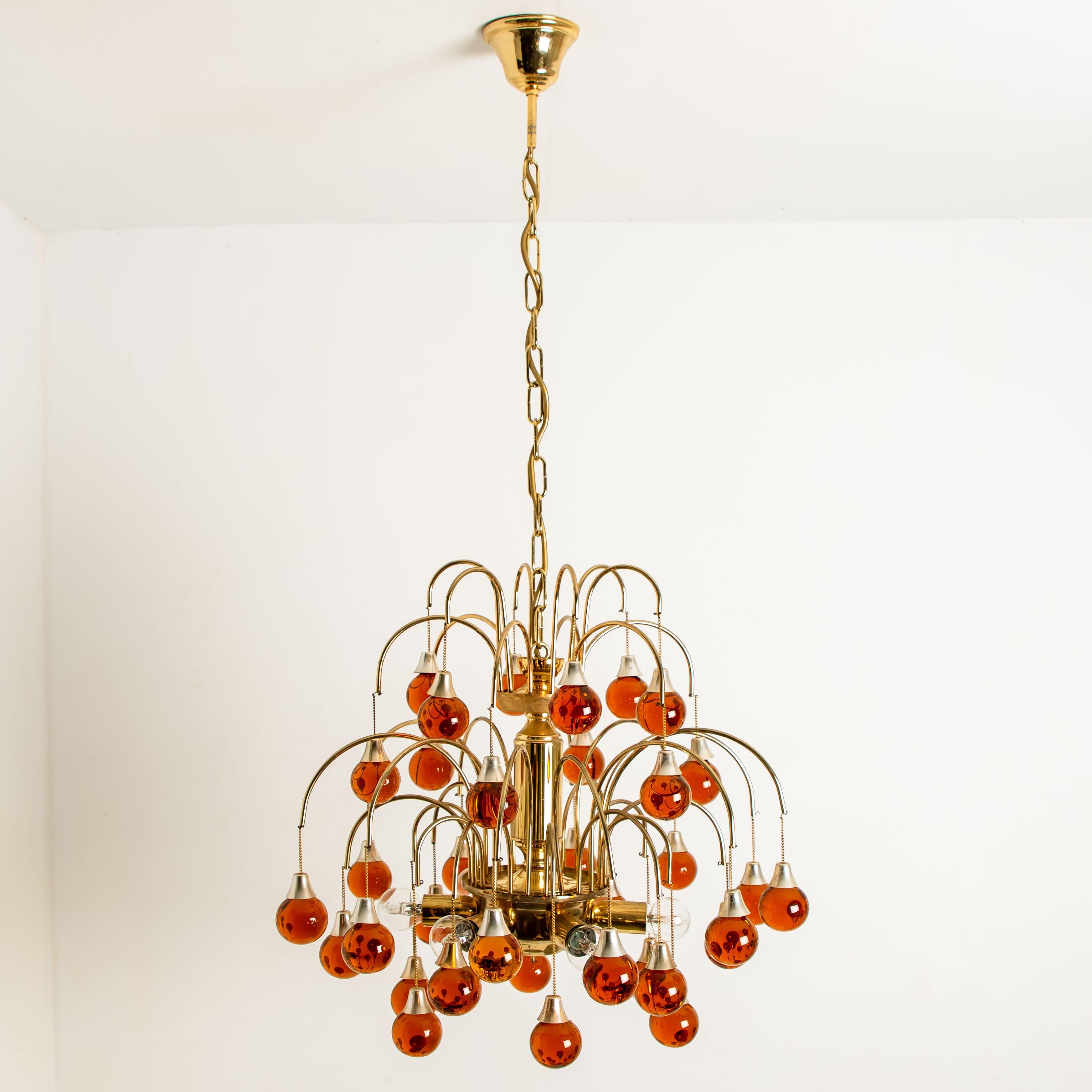 Pair of Brass Orange and Red Four Tiers Murano Chandeliers, 1970s 11