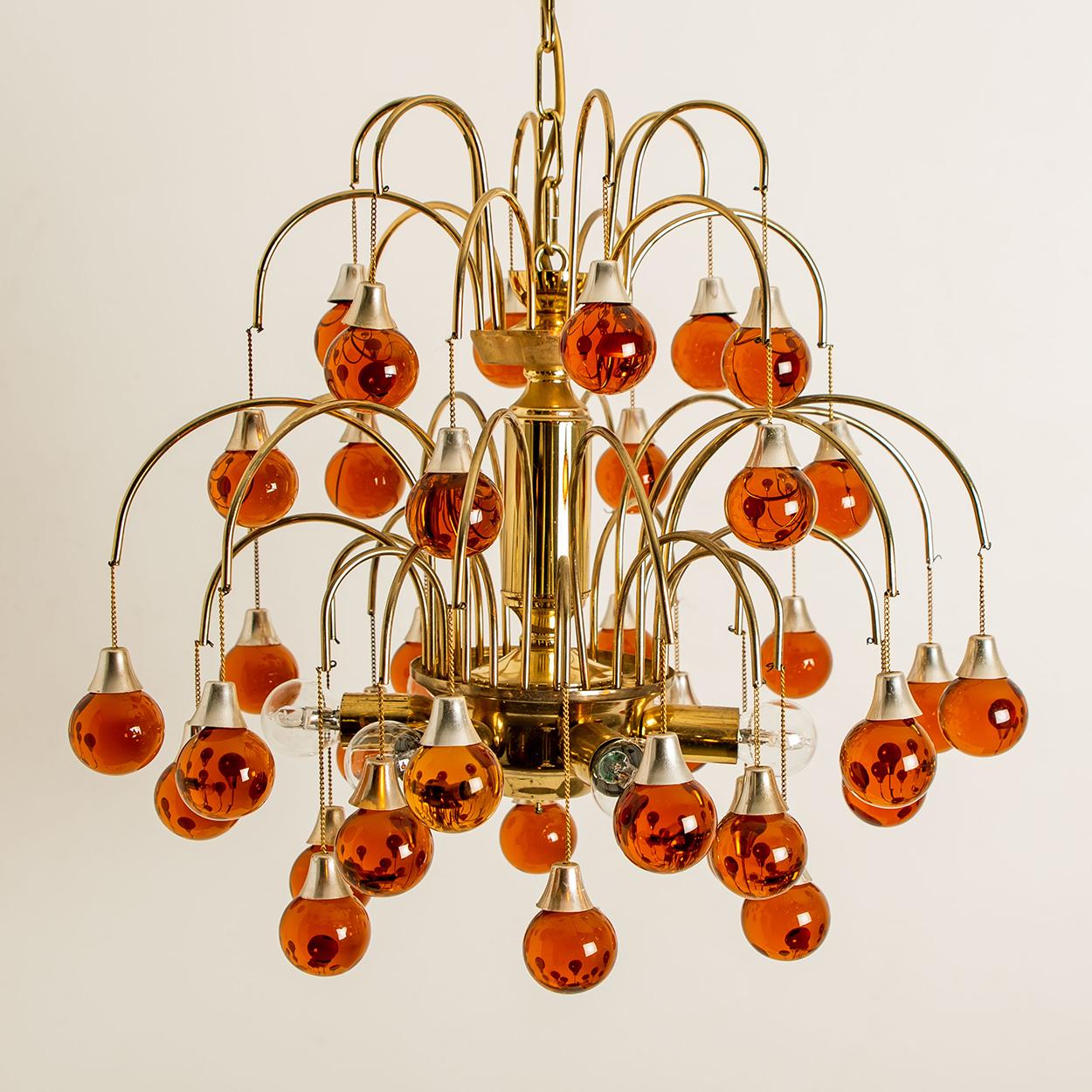 Pair of Brass Orange and Red Four Tiers Murano Chandeliers, 1970s 12