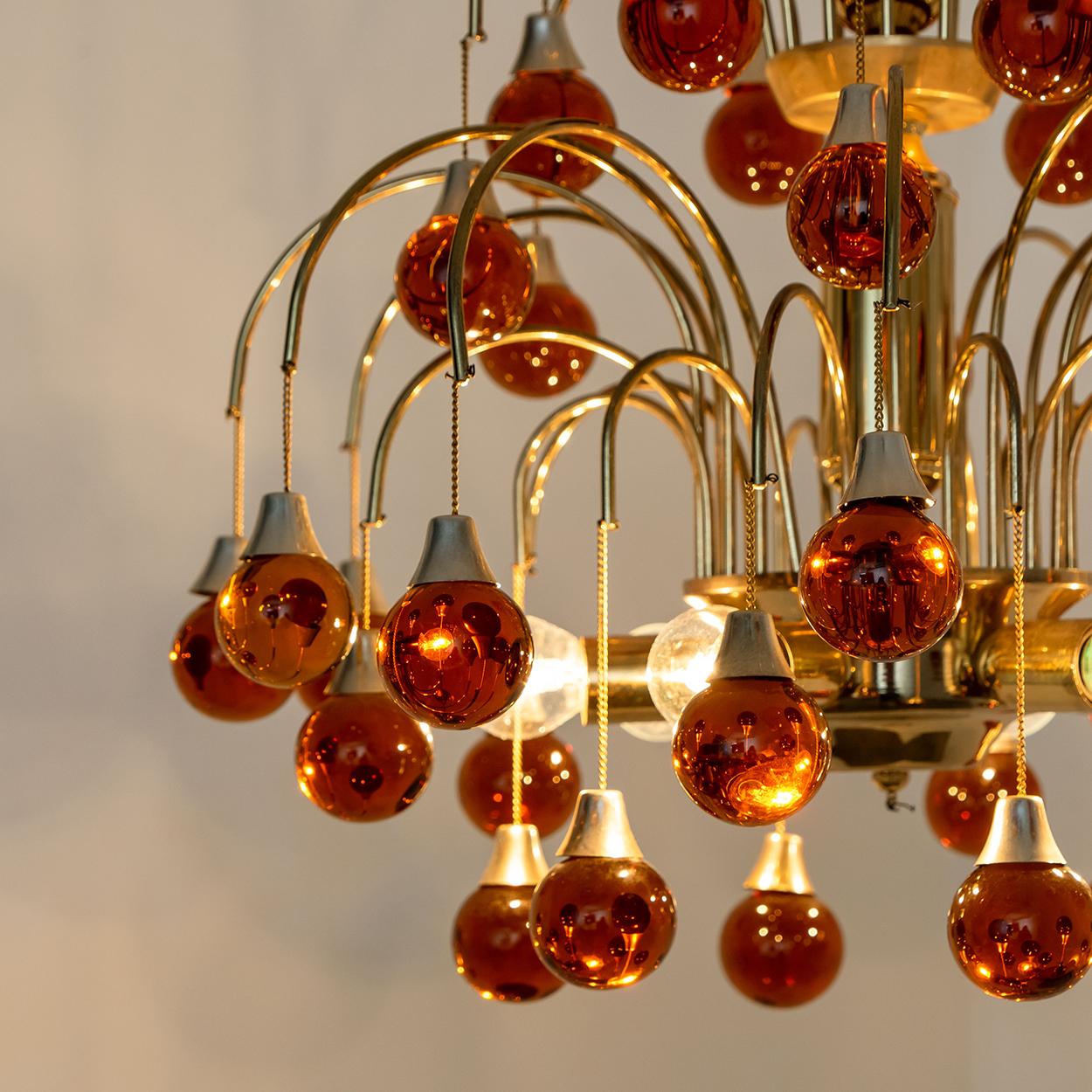 Late 20th Century Pair of Brass Orange and Red Four Tiers Murano Chandeliers, 1970s