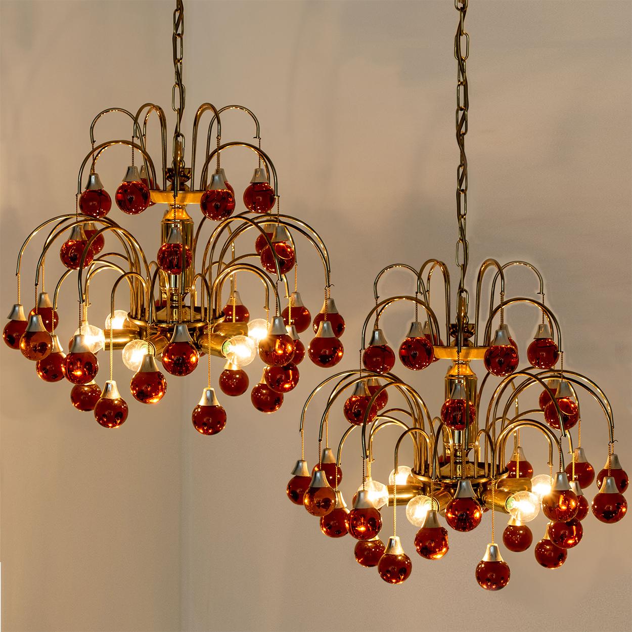 Pair of Brass Orange and Red Four Tiers Murano Chandeliers, 1970s 1
