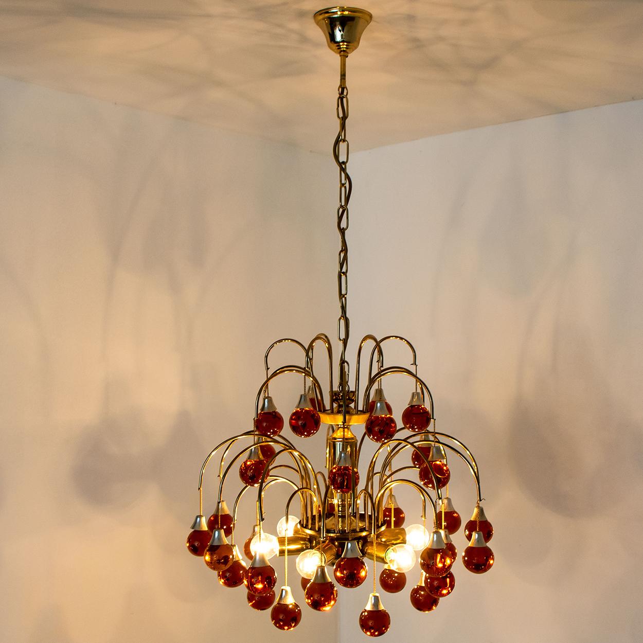 Pair of Brass Orange and Red Four Tiers Murano Chandeliers, 1970s 3
