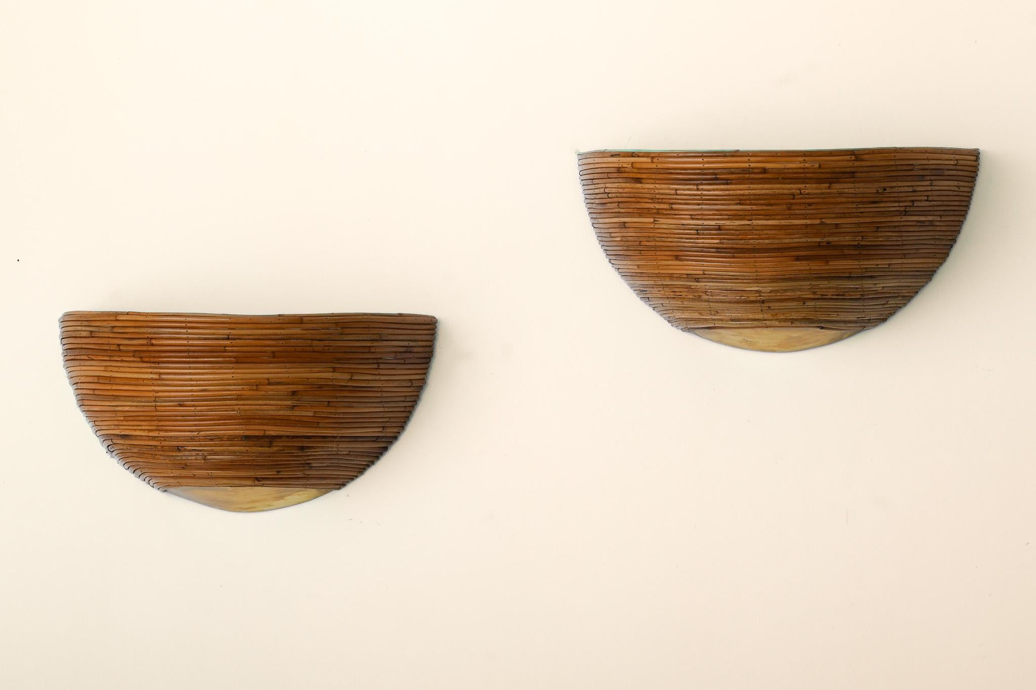 Philippine Pair of Brass & Organic Rattan Reed Half Dome Wall Sconces For Sale