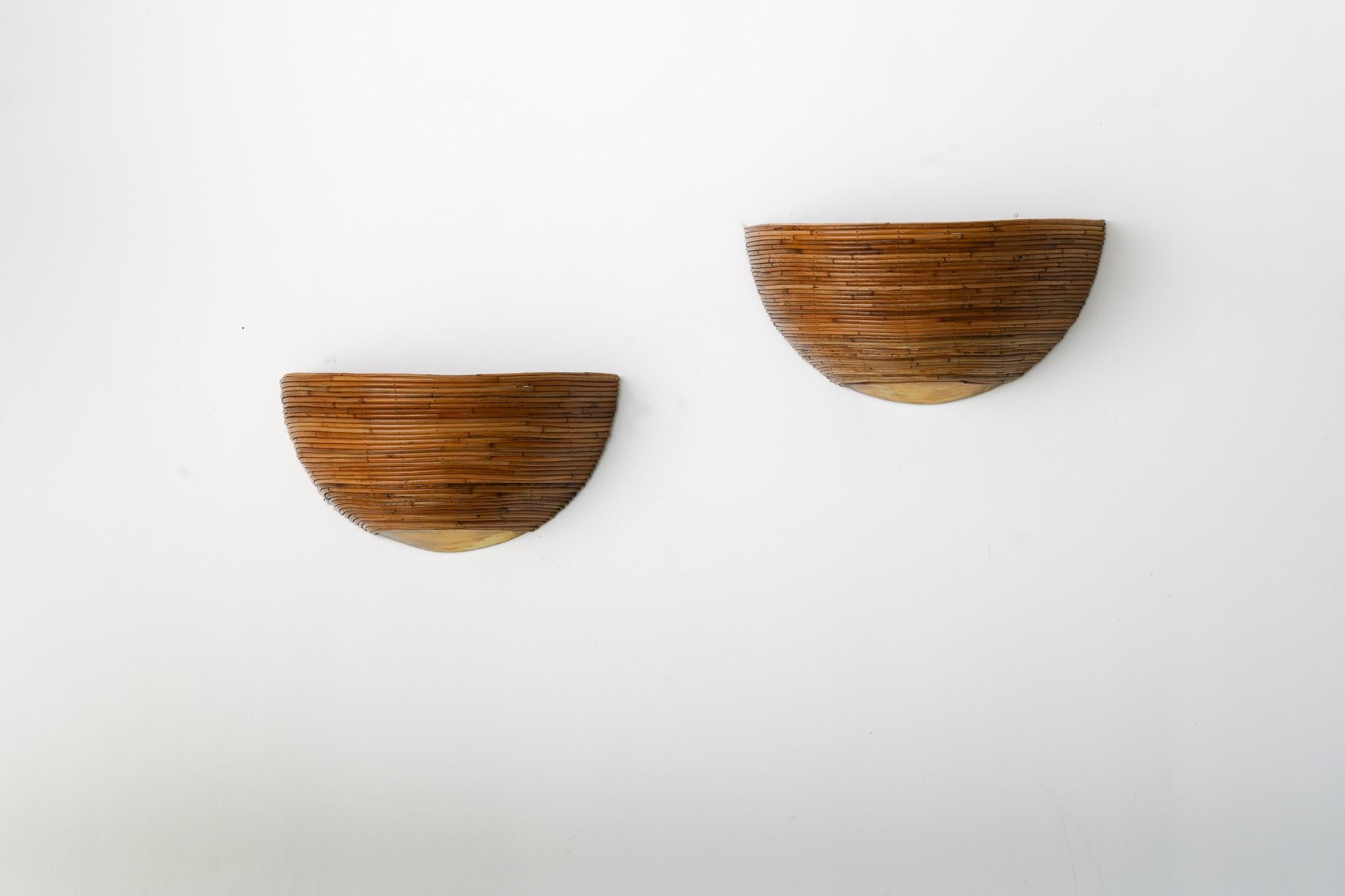 Hand-Crafted Pair of Brass & Organic Rattan Reed Half Dome Wall Sconces For Sale