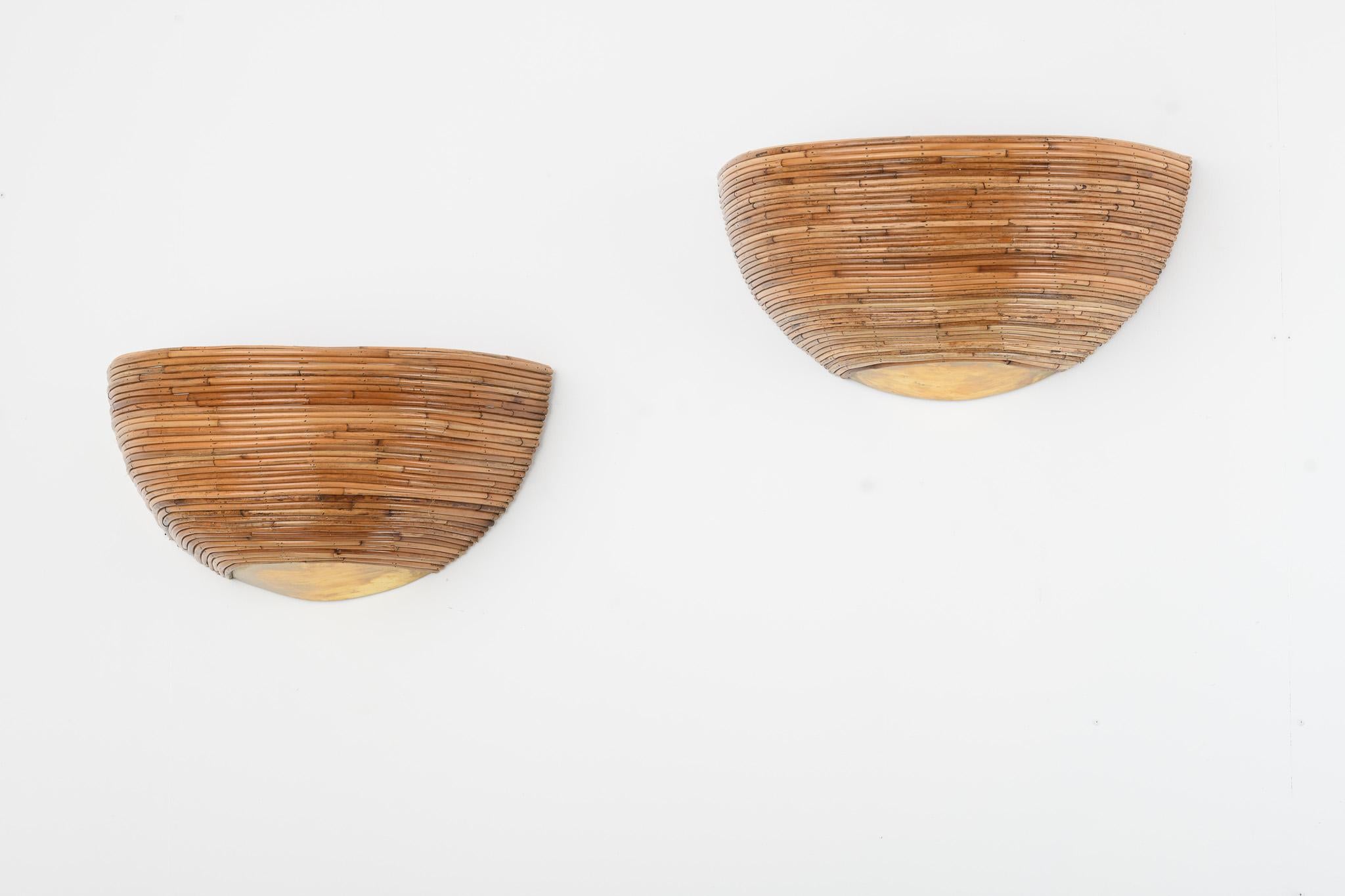 Pair of Brass & Organic Rattan Reed Half Dome Wall Sconces In New Condition For Sale In Oxford, GB