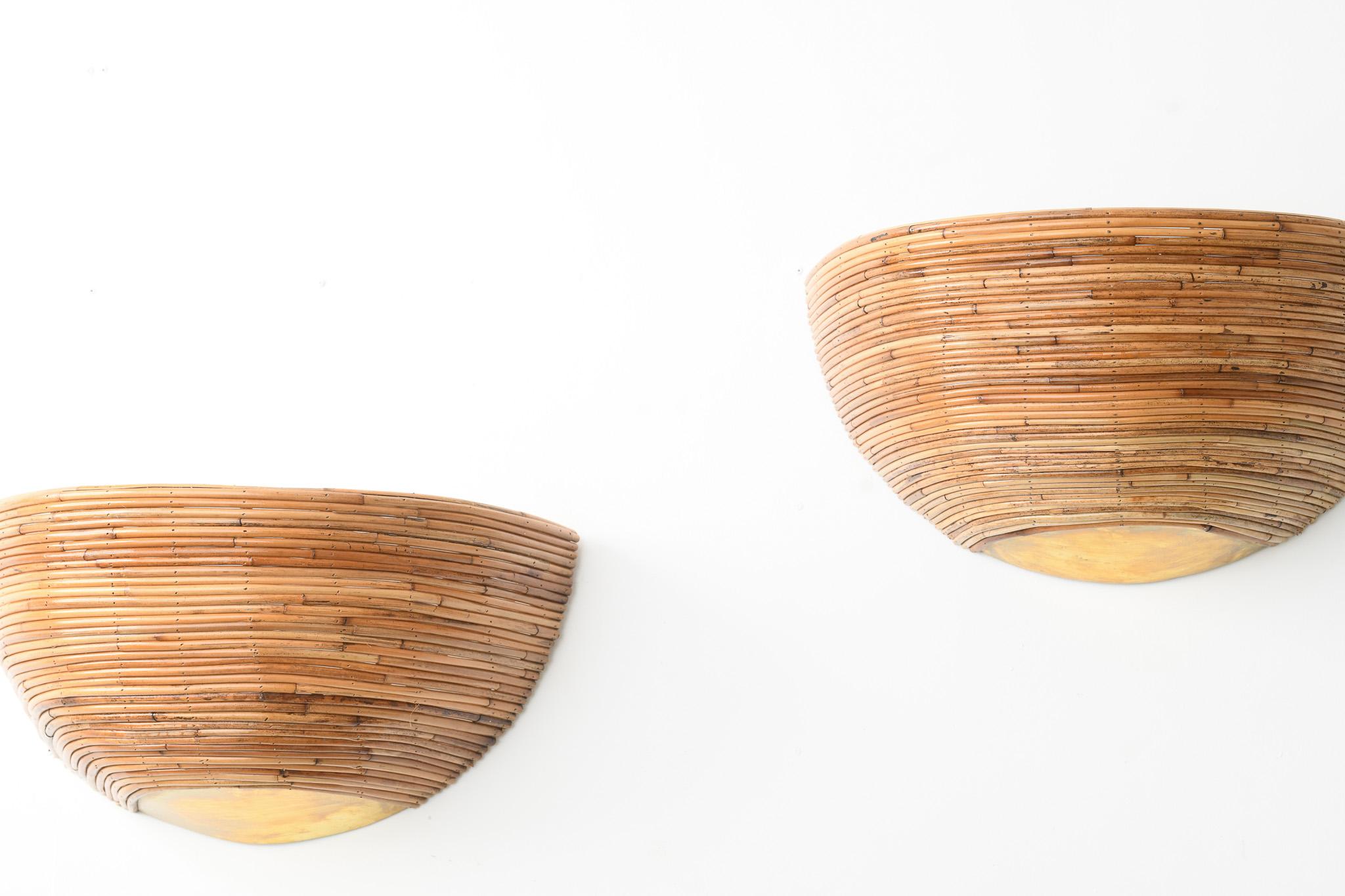 Contemporary Pair of Brass & Organic Rattan Reed Half Dome Wall Sconces For Sale