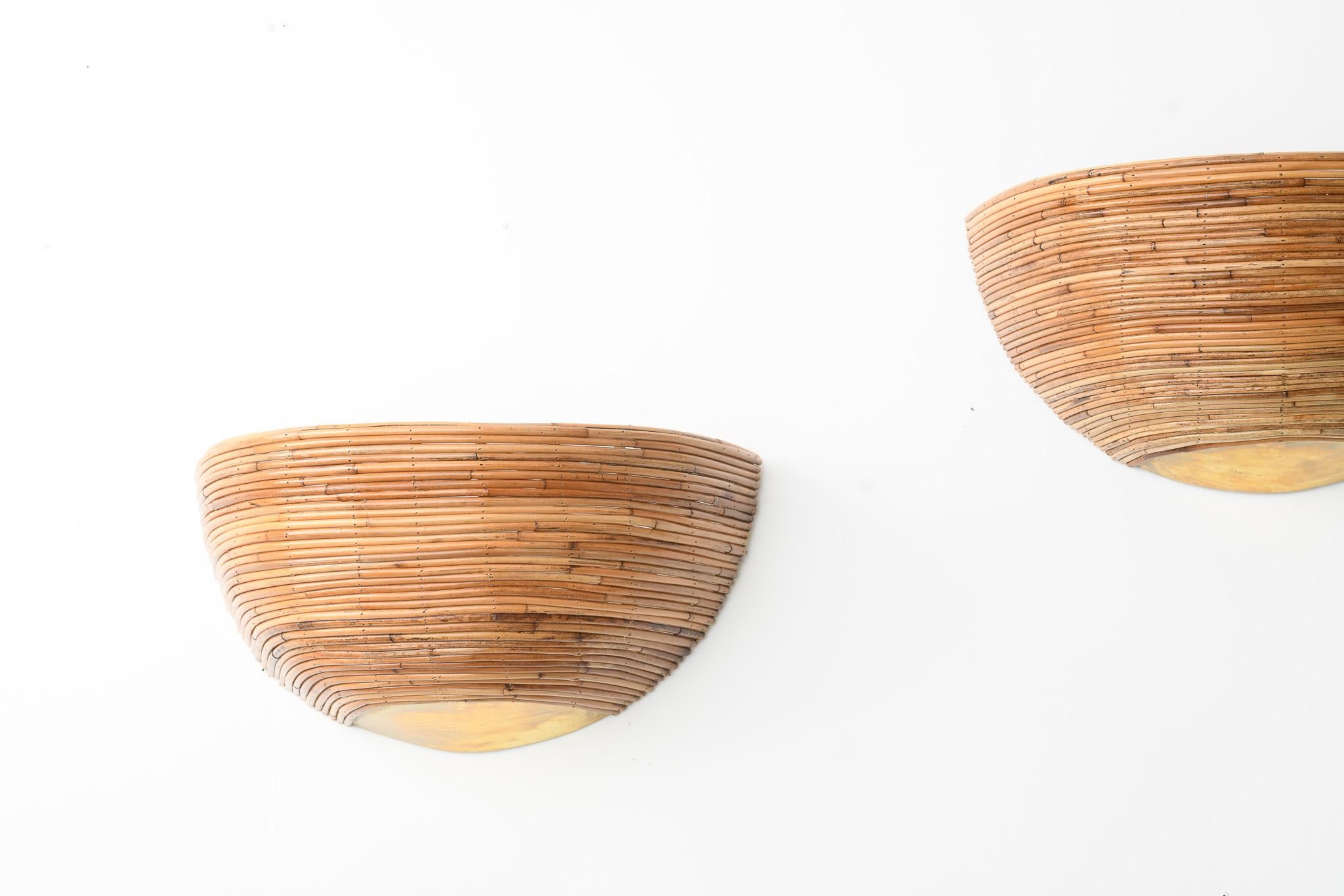 Pair of Brass & Organic Rattan Reed Half Dome Wall Sconces For Sale 1