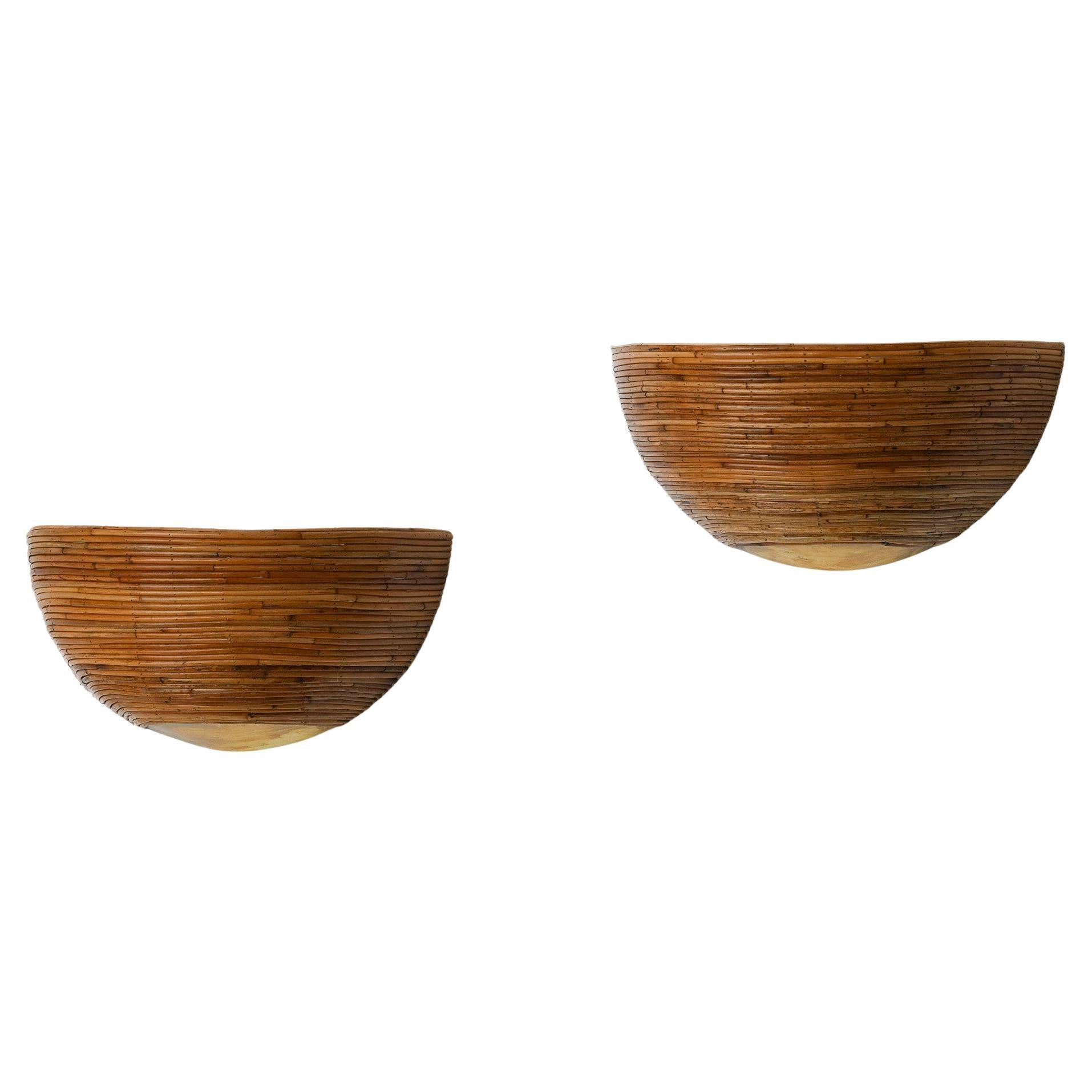 Pair of Brass & Organic Rattan Reed Half Dome Wall Sconces For Sale