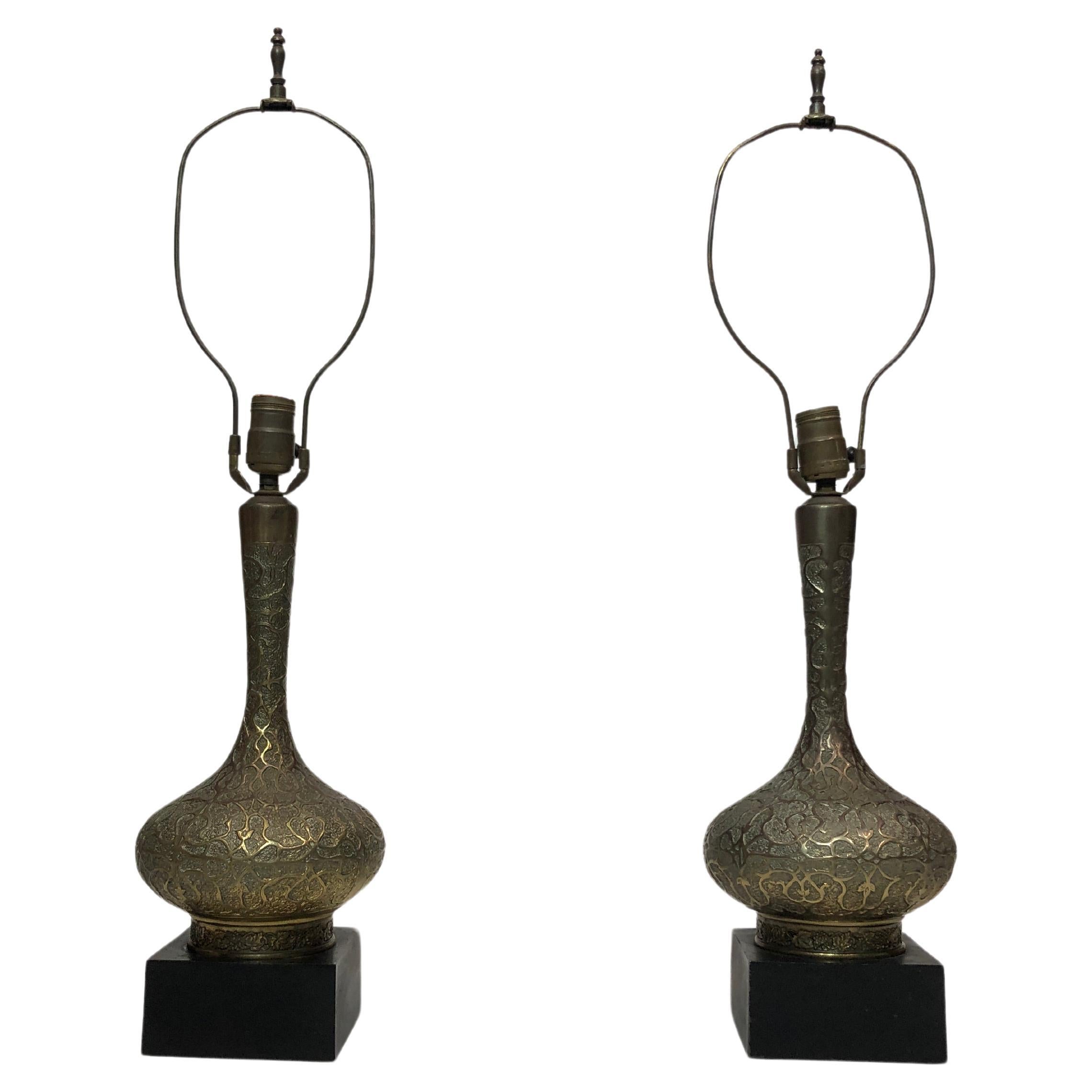 Pair of Brass Oriental Style Table Lamps Mid-Century 1960s Vintage Hollywood  For Sale