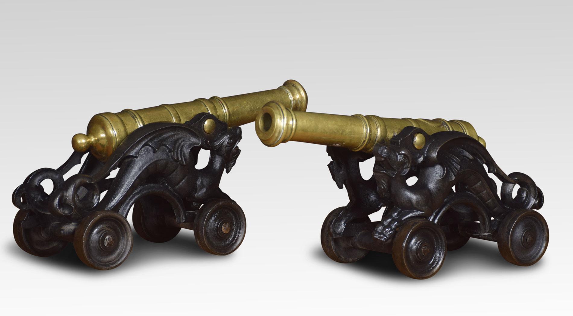 Chinese Pair of Brass Ornamental Signal Cannons on Cast Iron Carriages