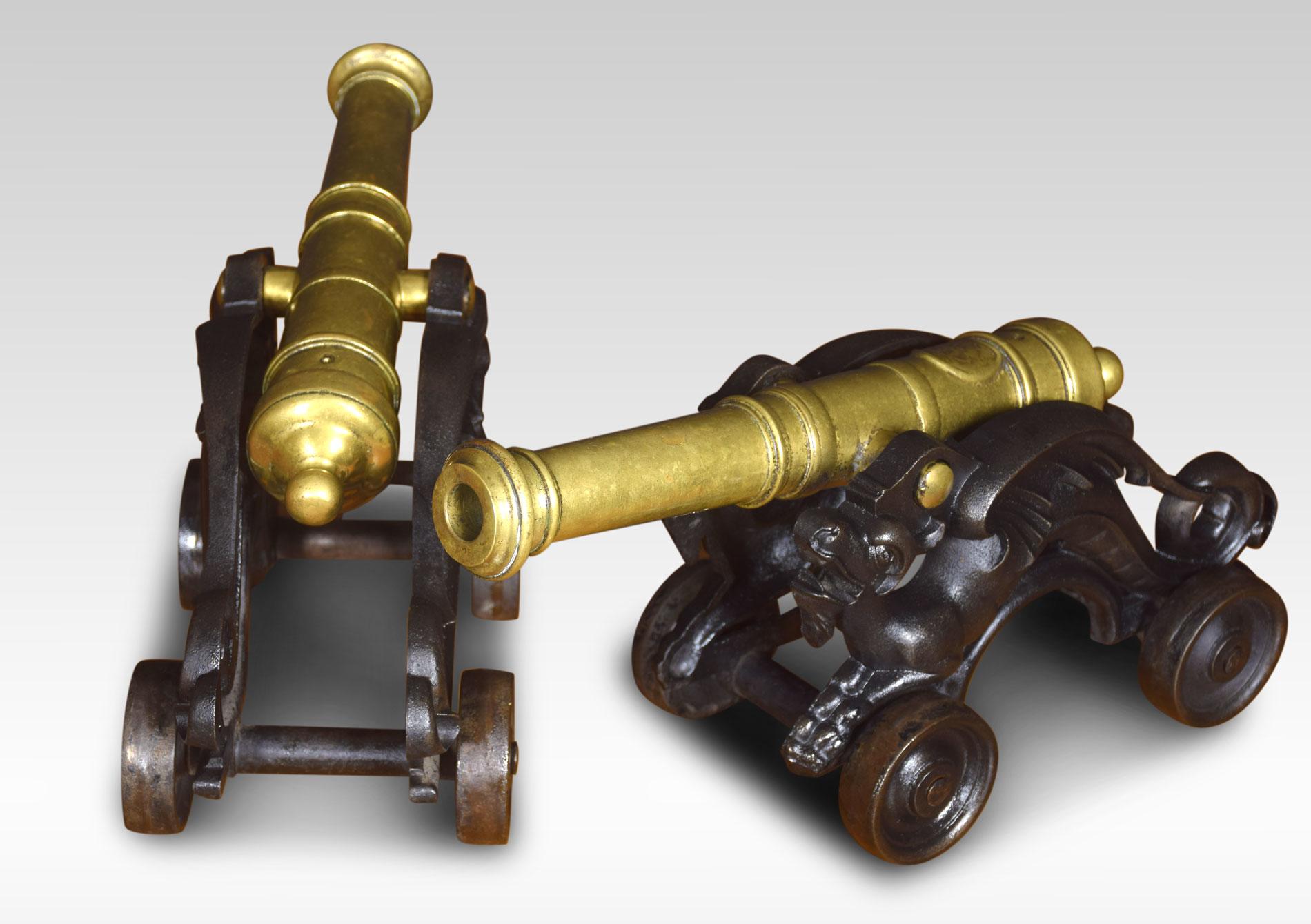 19th Century Pair of Brass Ornamental Signal Cannons on Cast Iron Carriages