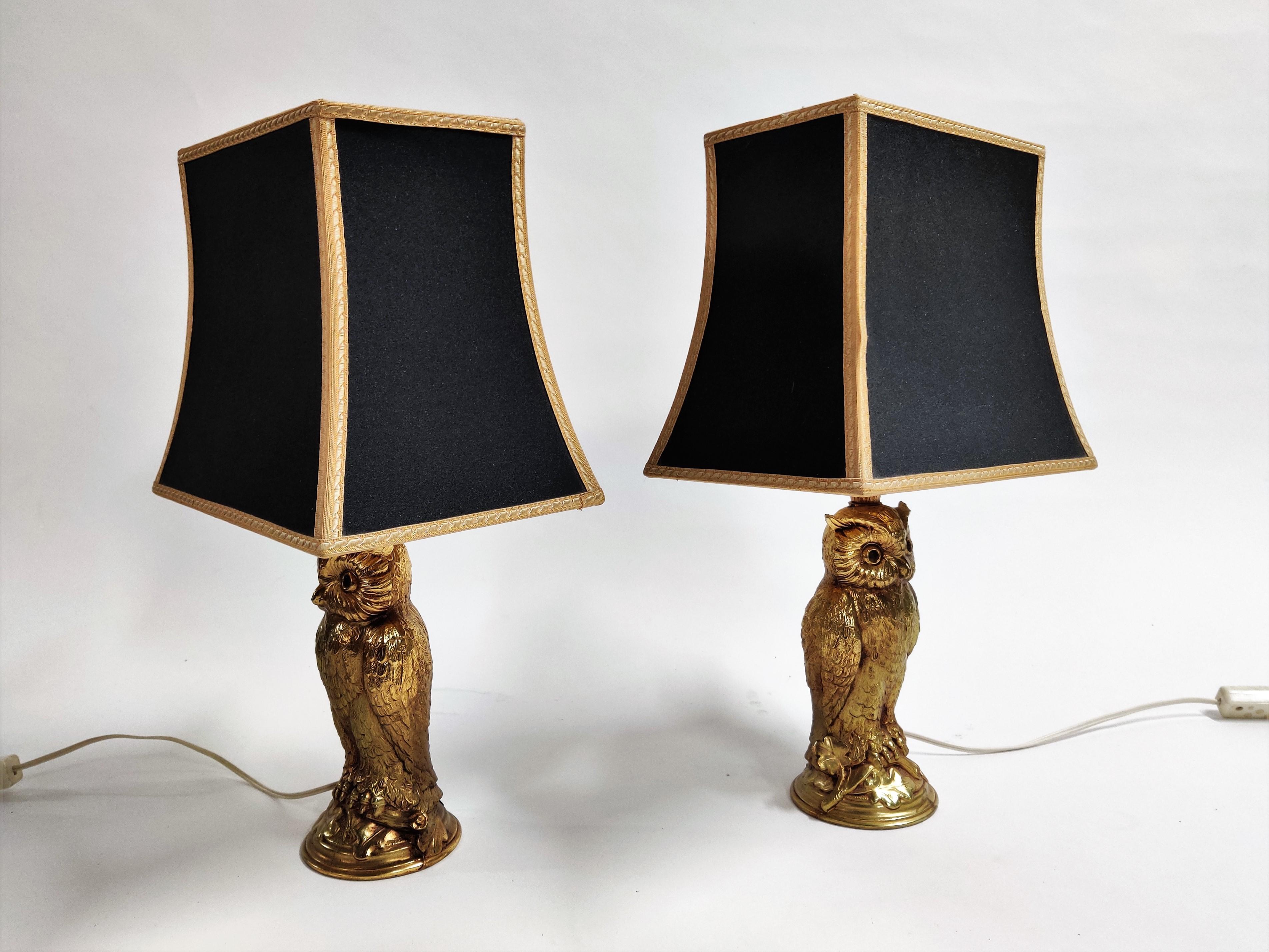 Hollywood Regency Pair of Brass Owl Lamps by Loevsky & Loevsky, 1960s
