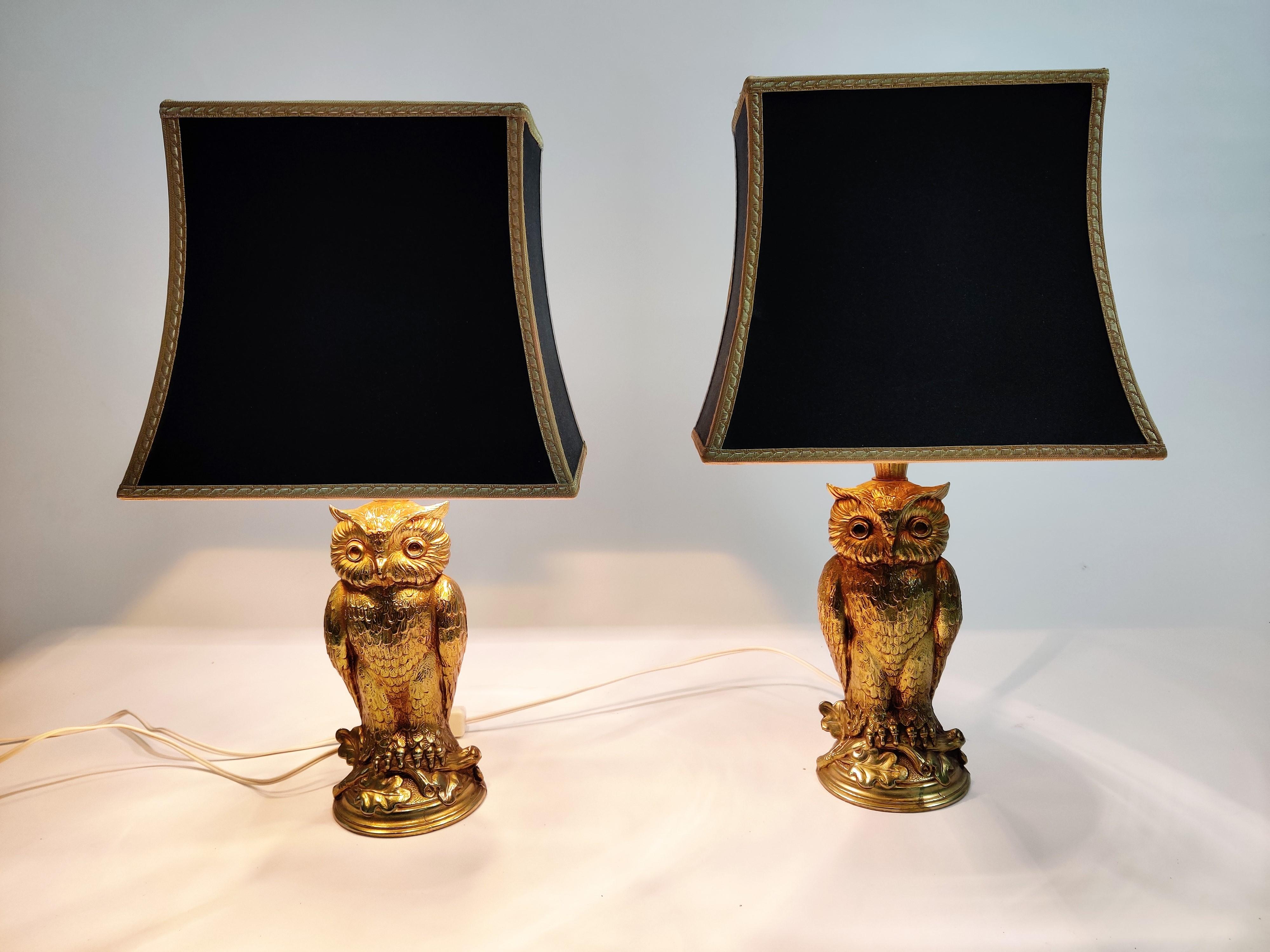 Belgian Pair of Brass Owl Lamps by Loevsky & Loevsky, 1960s