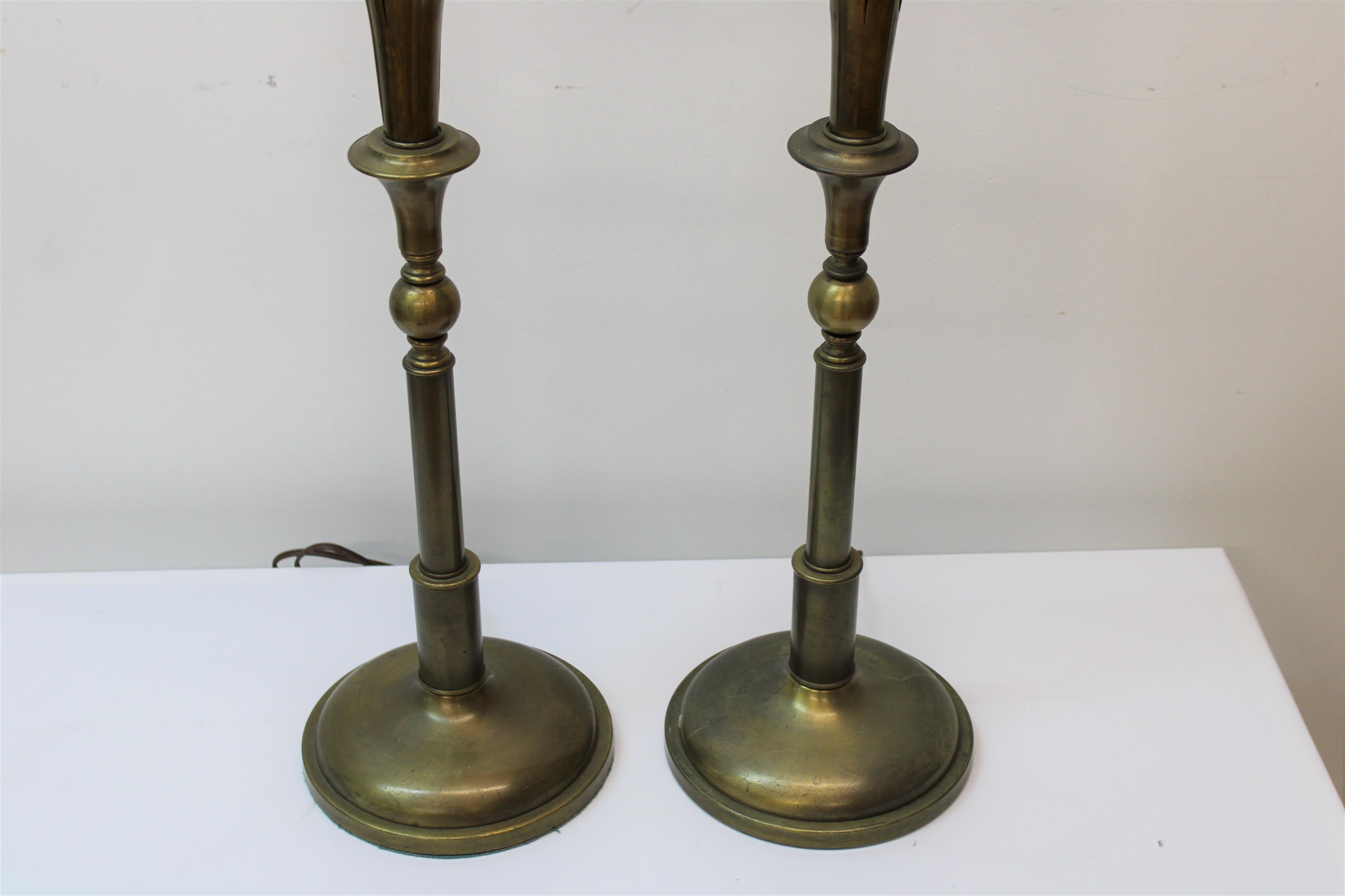 20th Century Pair of Brass Palm Frond Table Lamps