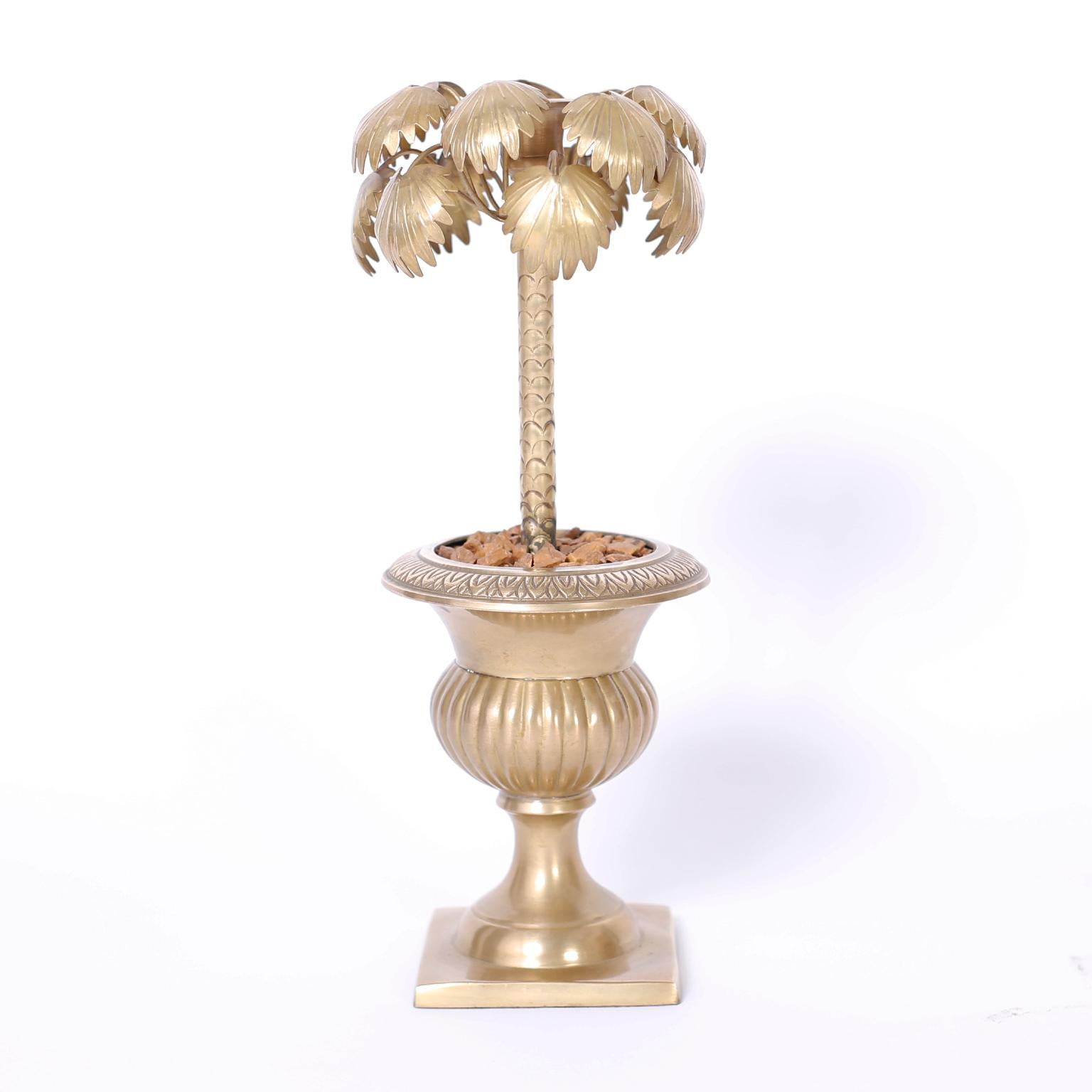 British Colonial Pair of Brass Palm Tree Candlesticks