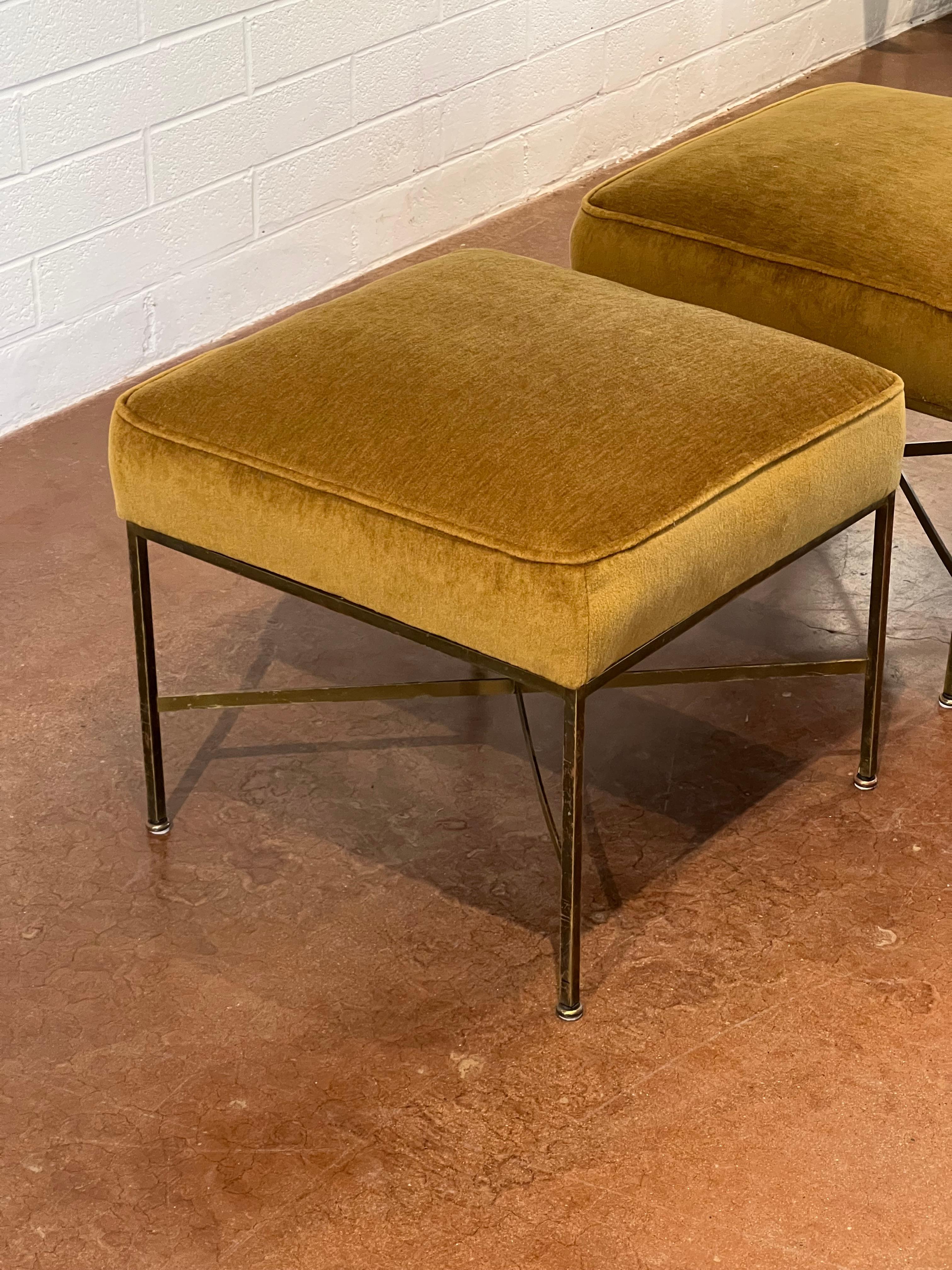 Pair of Brass Paul McCobb Ottomans In Mohair For Sale at 1stDibs
