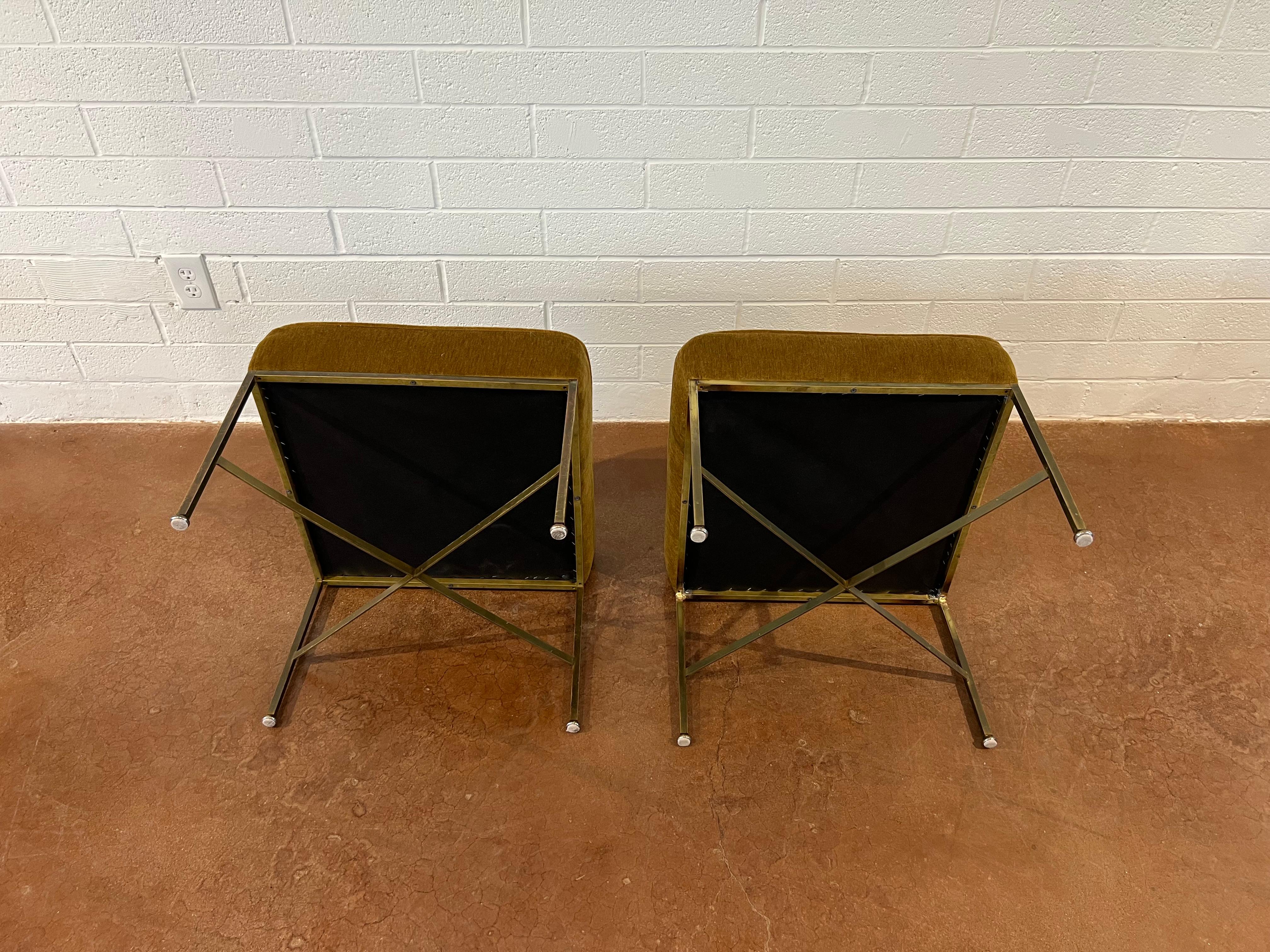 Pair of Brass Paul McCobb Ottomans In Mohair  In Good Condition For Sale In Phoenix, AZ