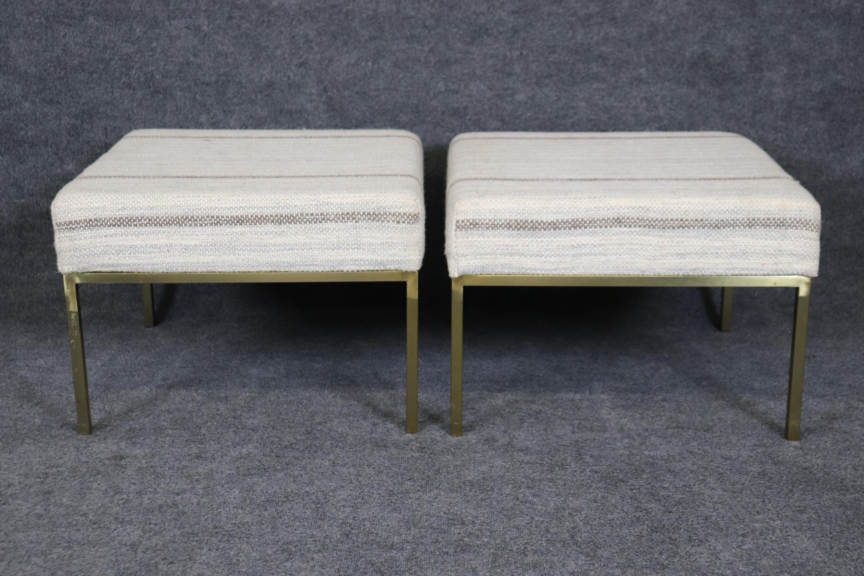 Mid-Century Modern Pair of Brass Paul McCobb Planner Group Style Square Upholstered Ottomans For Sale