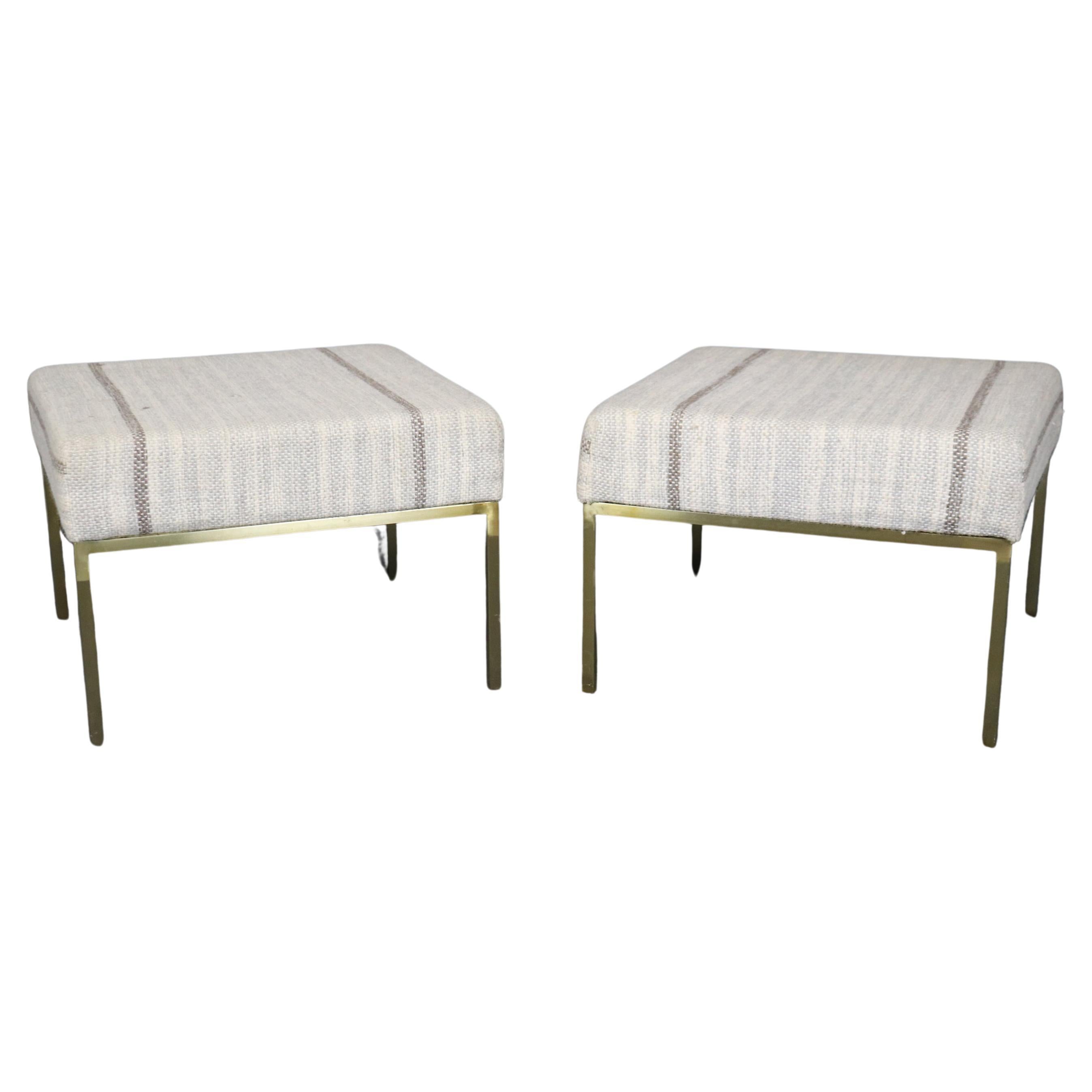 Pair of Brass Paul McCobb Planner Group Style Square Upholstered Ottomans For Sale