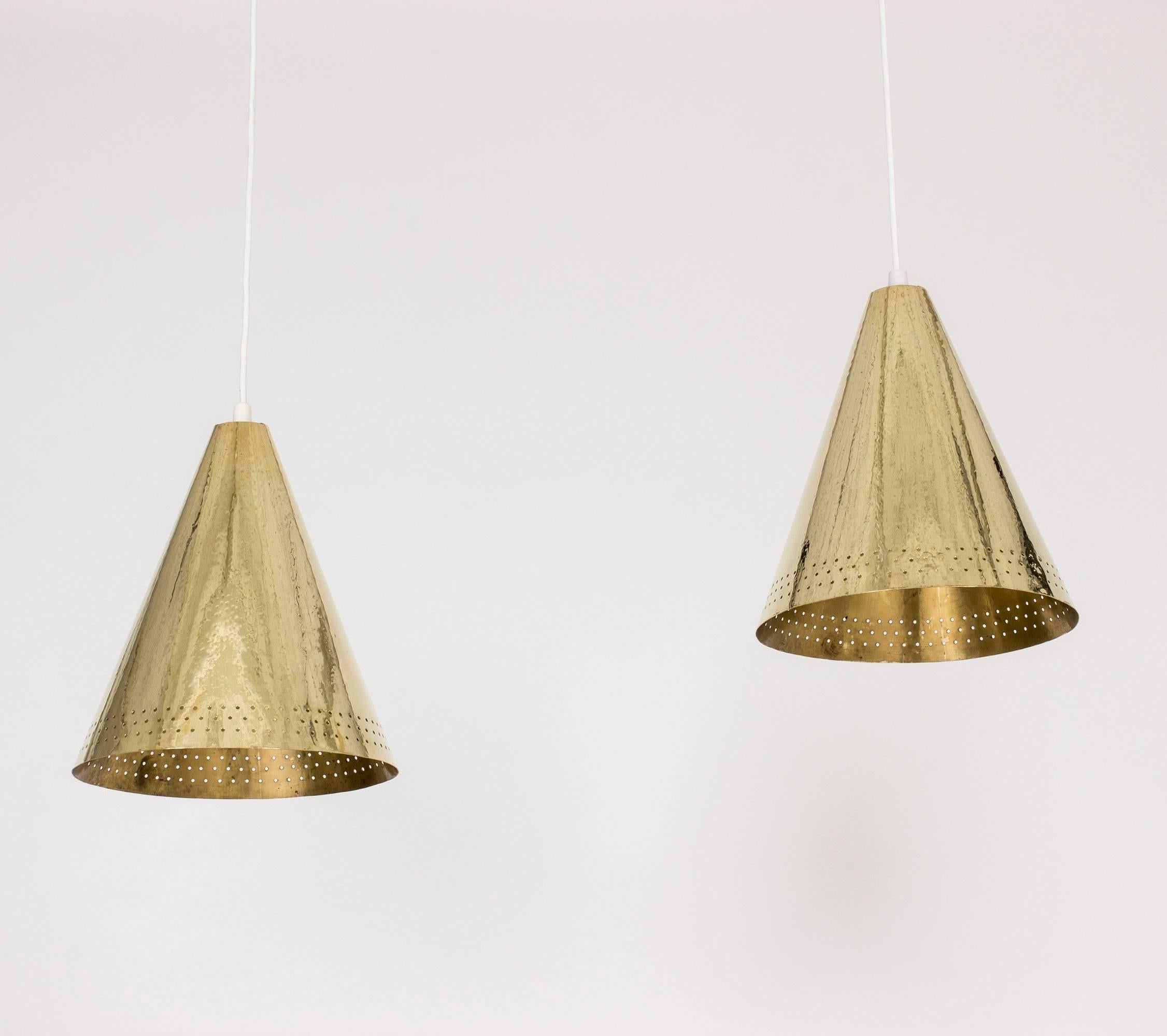 Scandinavian Modern Pair of Brass Pendant Lights by Lars Holmström