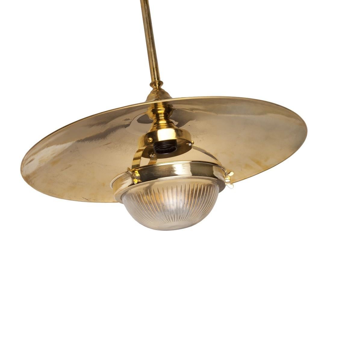 Pair of Brass Pendant Lights with Fresnel Glass Shade, Midcentury 1