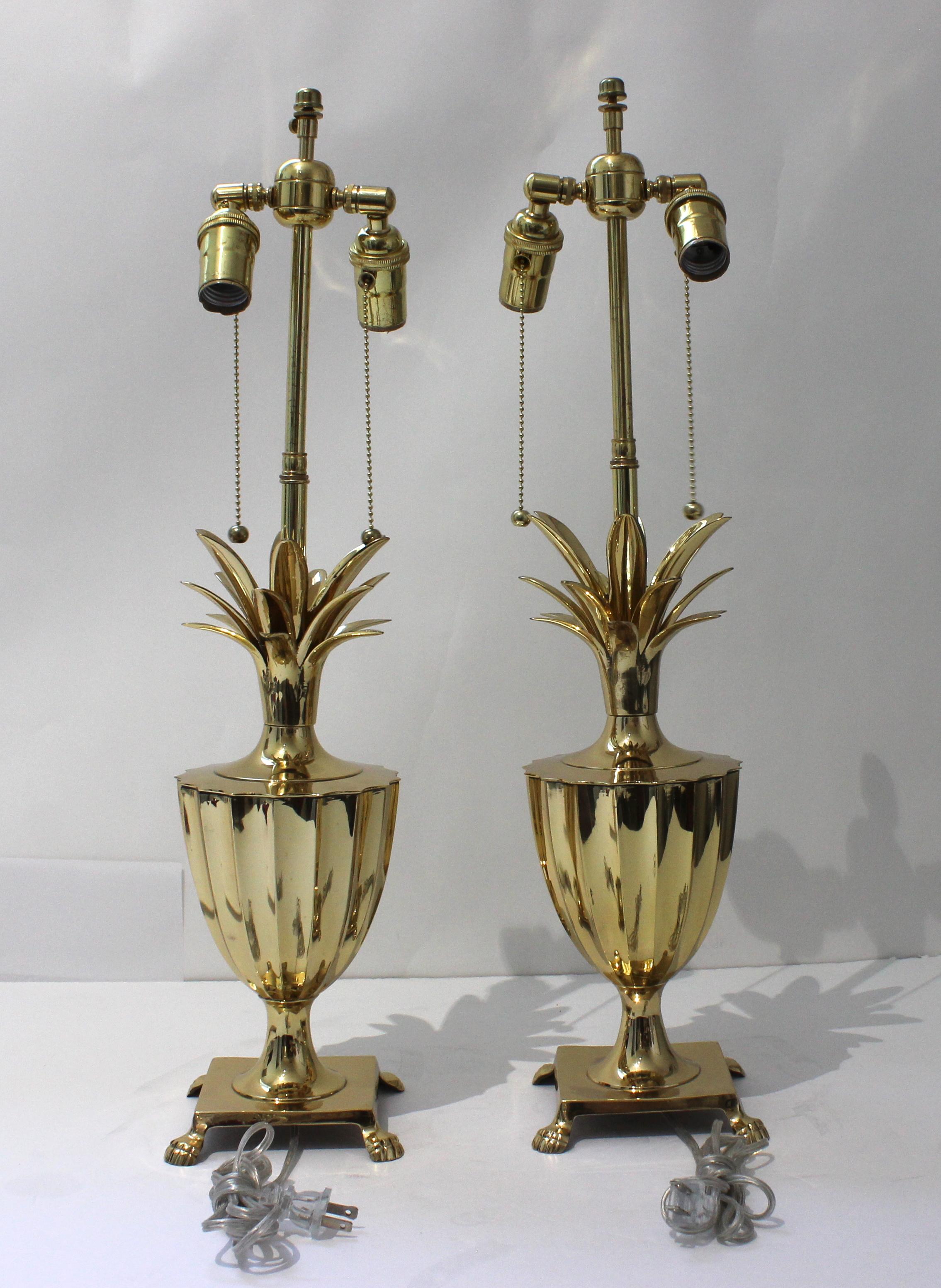 Hollywood Regency Pair of Brass Pineapple Form Lamps For Sale