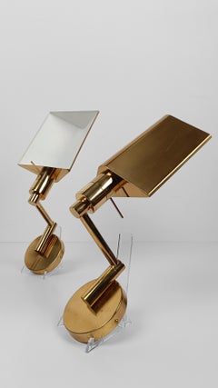 Pair of Brass Plated Adjustable Reading Wall Lights with Swing Arm, Italy 70s