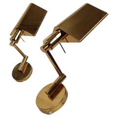Pair of Brass Plated Adjustable Reading Wall Lights with Swing Arm, Italy 70s