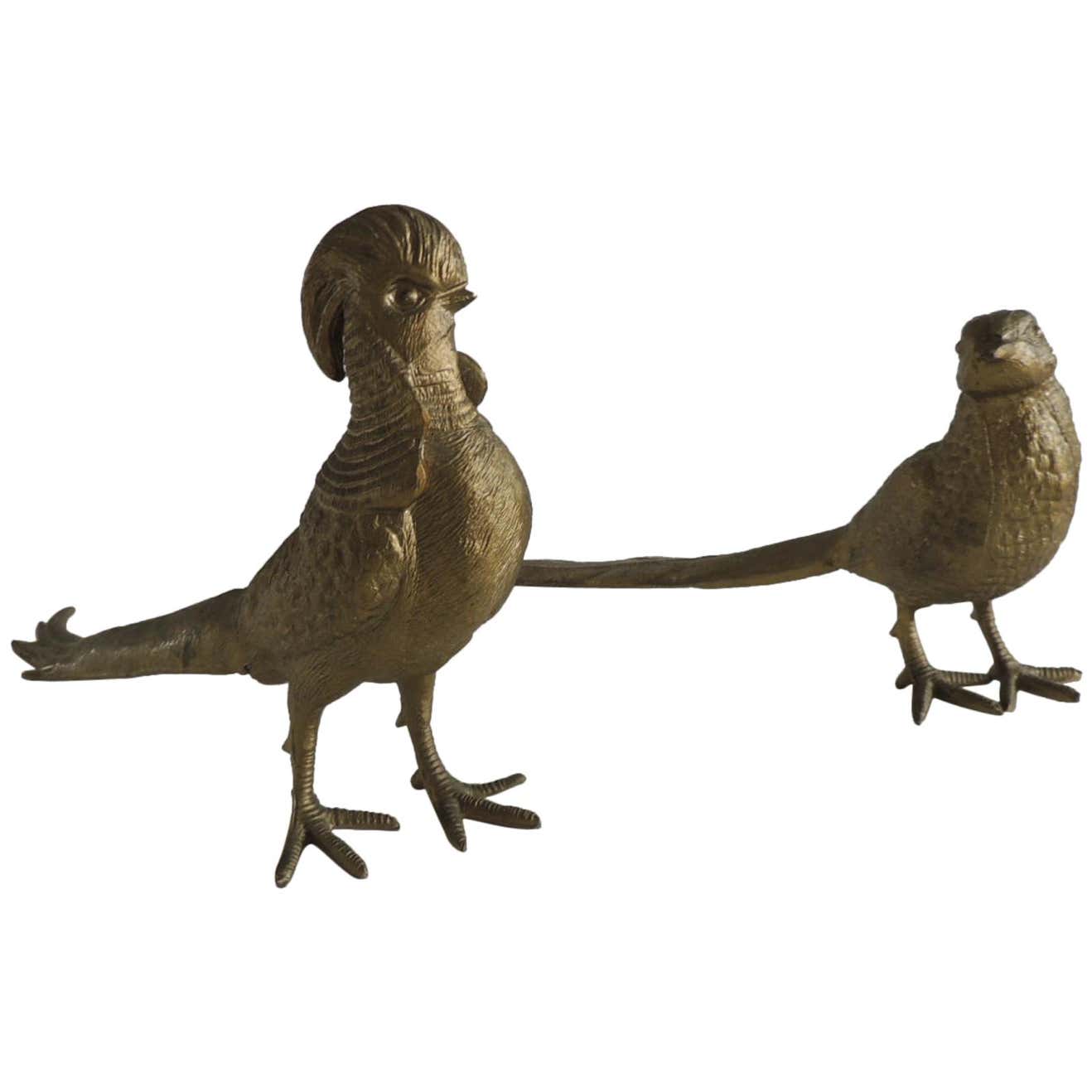Pair of Brass-Plated Standing Male and Female Pheasants For Sale at 1stDibs