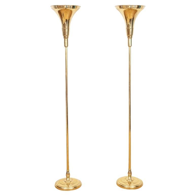 Pair Of Brass Plated Trumpet Form Floor Lamps With Halogen Lights For Sale