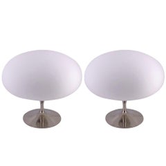 Pair of Brass Polished Bases and Glass Lampshades by Laurel Lamp Company