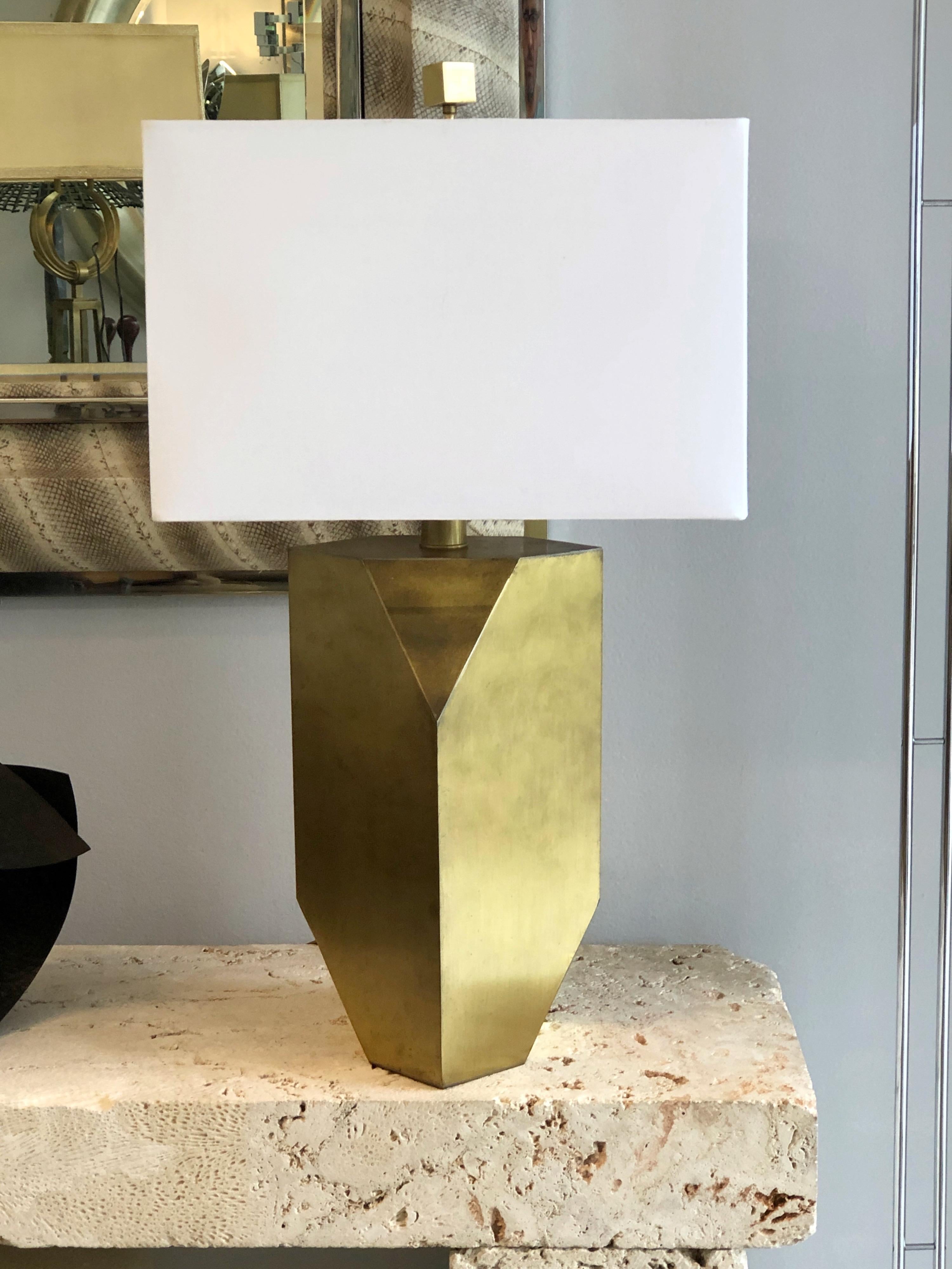 American Pair of Brass Polygonal Geometric Table Lamps, 1980s