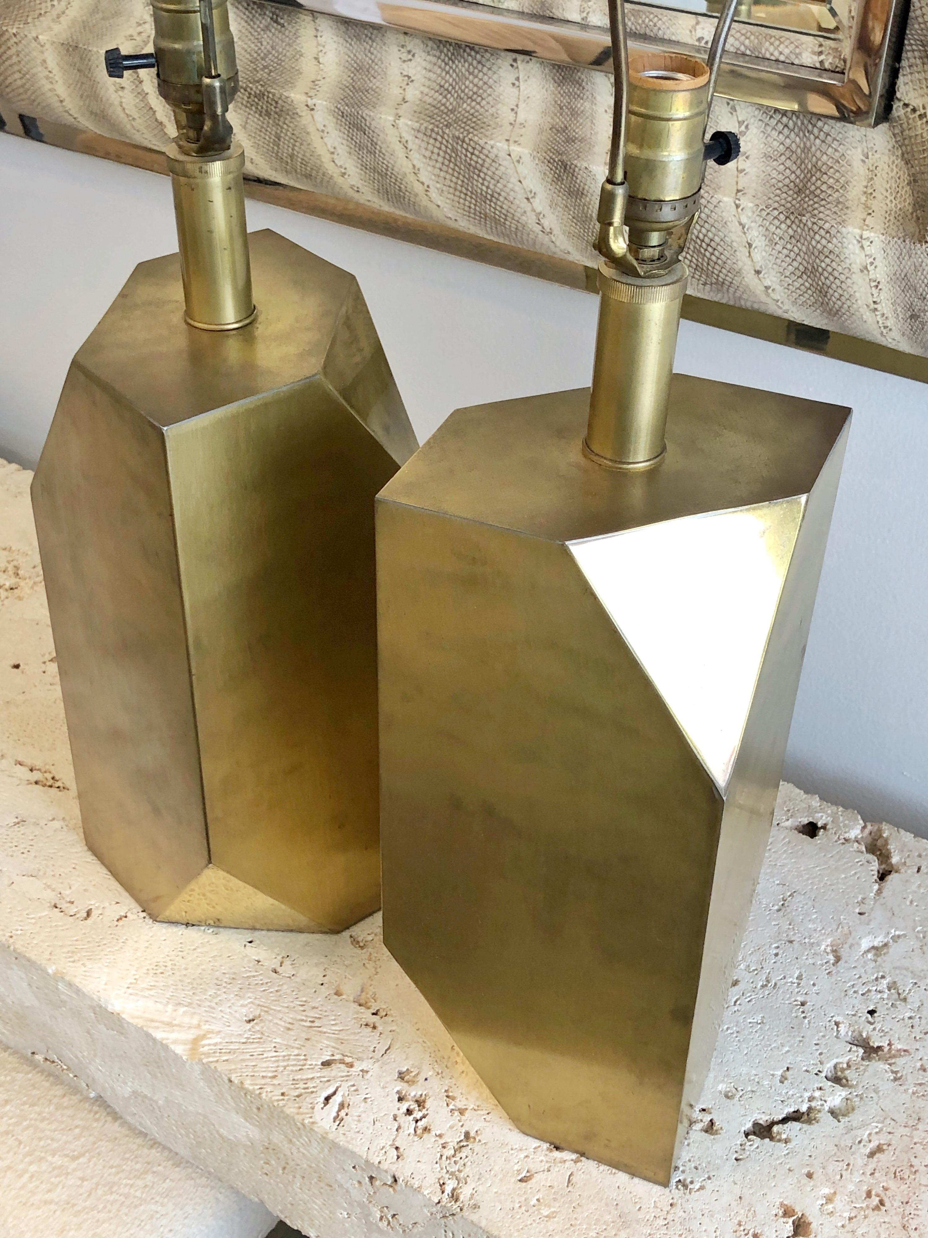 Pair of Brass Polygonal Geometric Table Lamps, 1980s 2