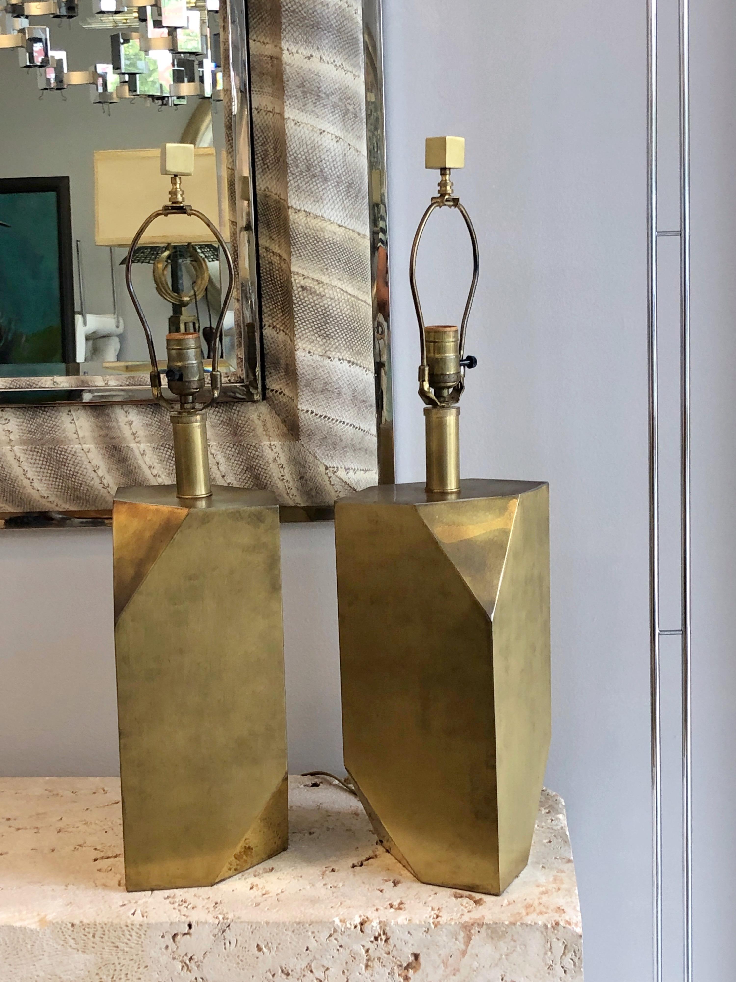 Pair of Brass Polygonal Geometric Table Lamps, 1980s 3