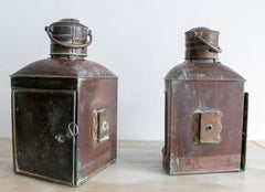 Pair of Brass Port and Starboard Ship Lanterns with Fresnel Lenses. NY, C. 1900