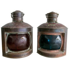 Antique Pair of Brass Port and Starboard Ship Lanterns with Fresnel Lenses. NY, C. 1900
