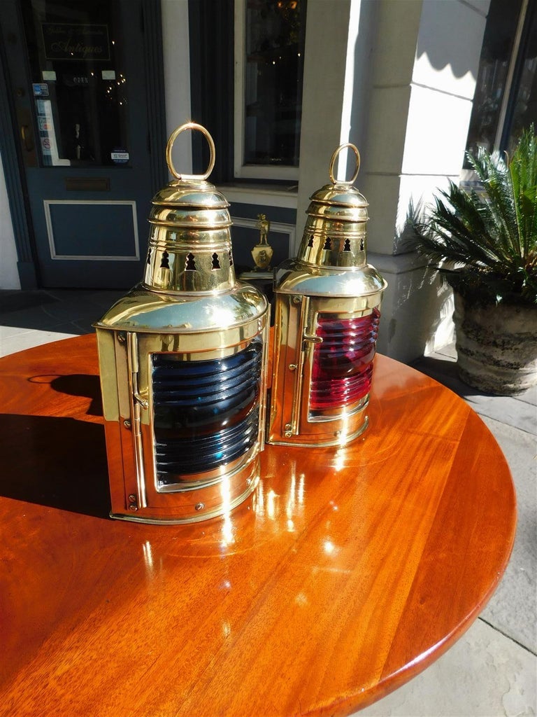 Pair of brass port and starboard ship lanterns with fresnel lenses ny