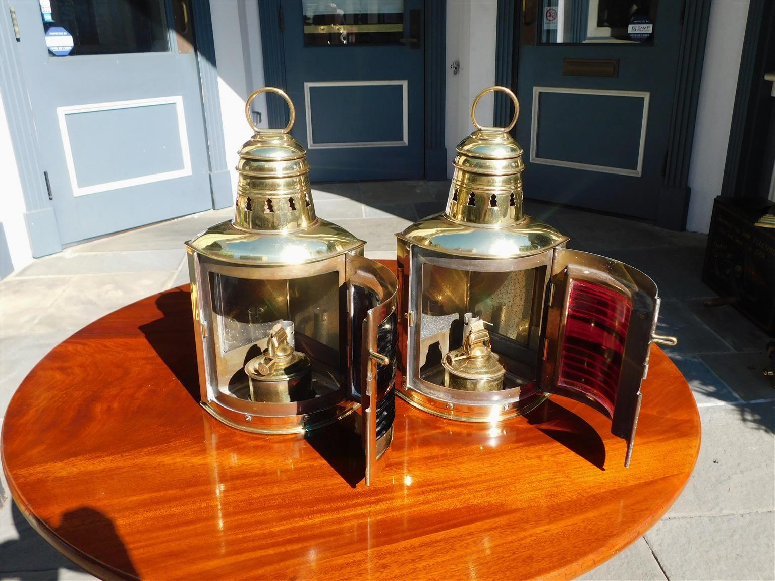American Empire Pair of Brass Port & Starboard Ship Lanterns with Fresnel Lenses, NY, Circa 1900 For Sale