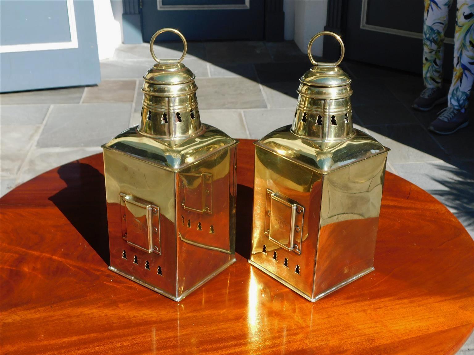 Cast Pair of Brass Port & Starboard Ship Lanterns with Fresnel Lenses, NY, Circa 1900 For Sale