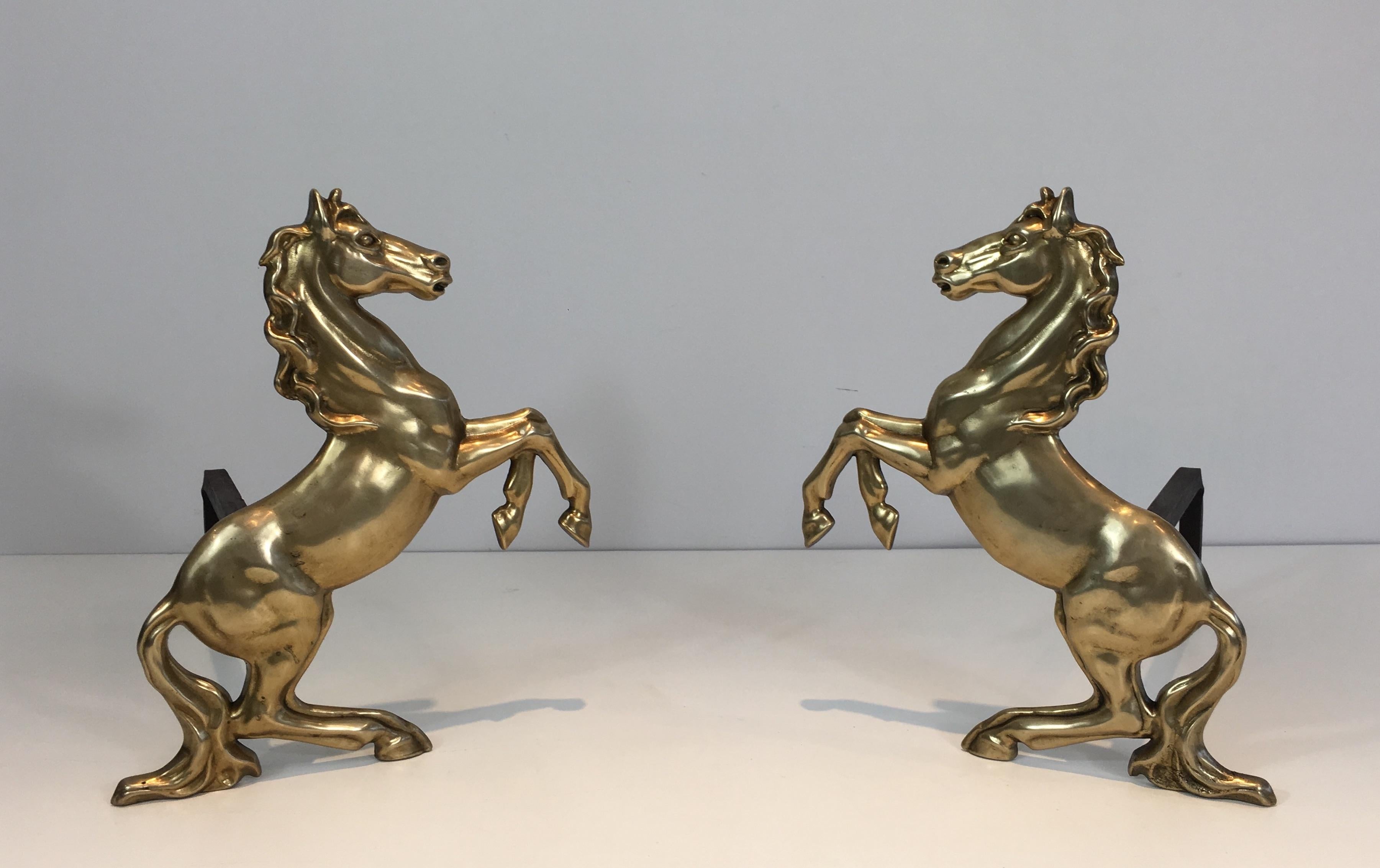 Pair of Brass Prancing Horses Andirons, French, circa 1970 For Sale 6