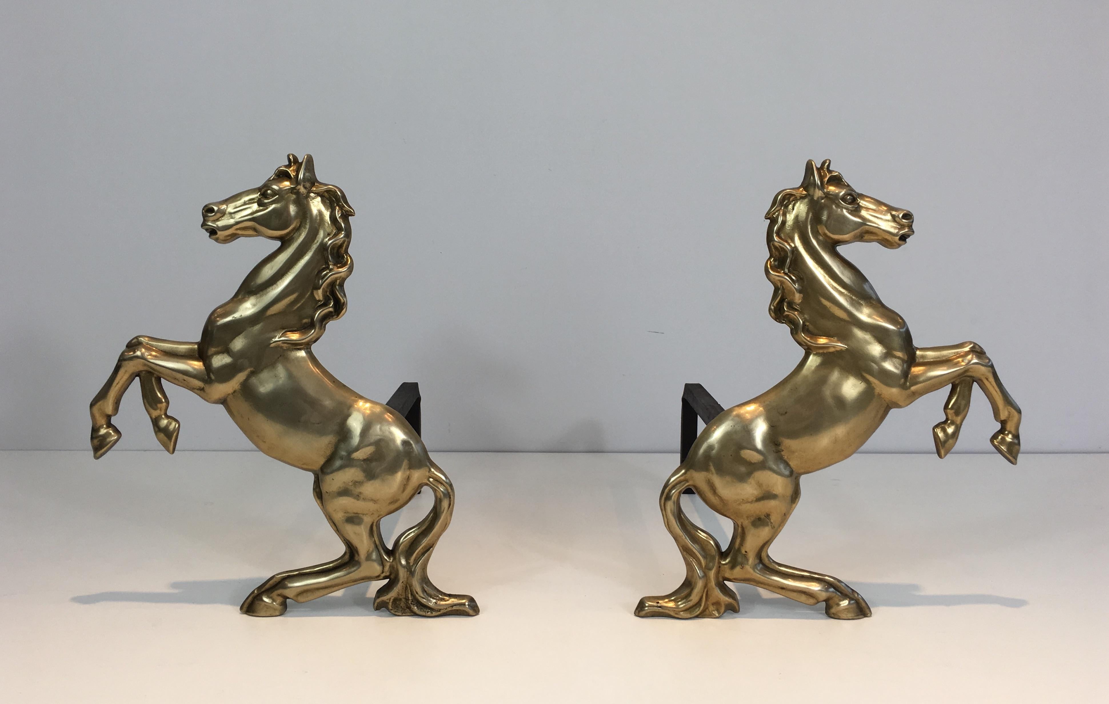 Pair of Brass Prancing Horses Andirons, French, circa 1970 For Sale 7