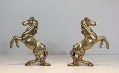 Pair of Brass Prancing Horses Andirons, French, circa 1970