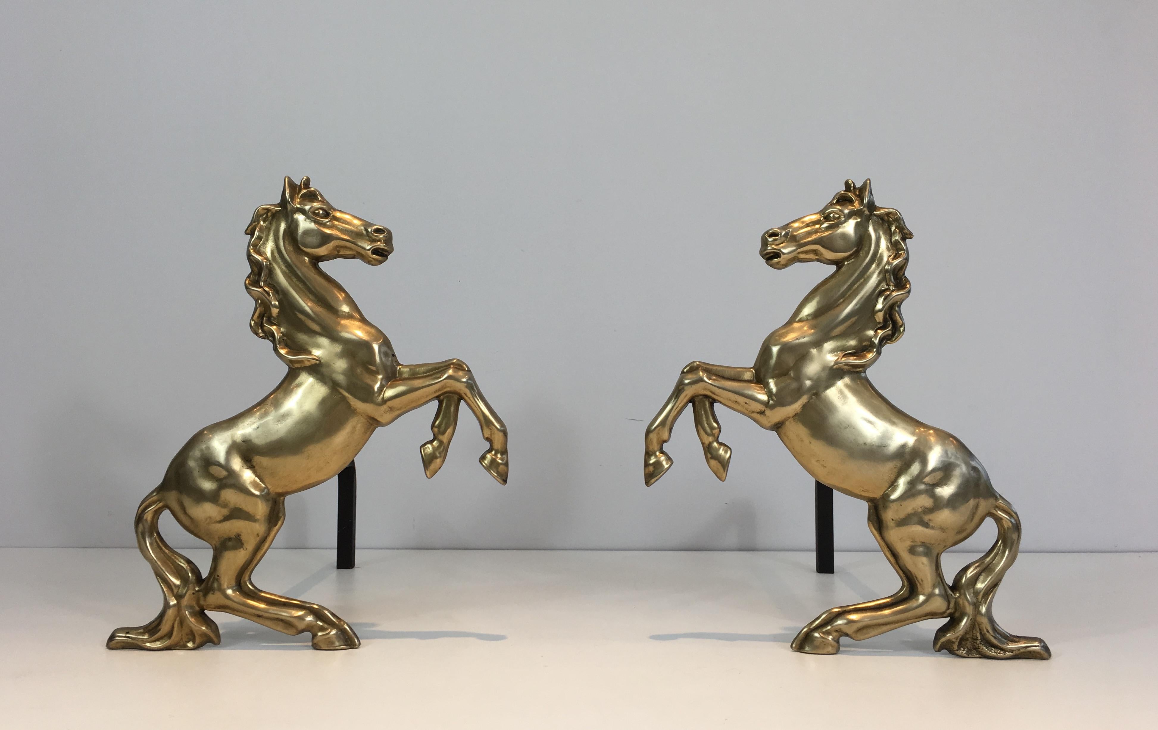 Neoclassical Pair of Brass Prancing Horses Andirons, French, circa 1970