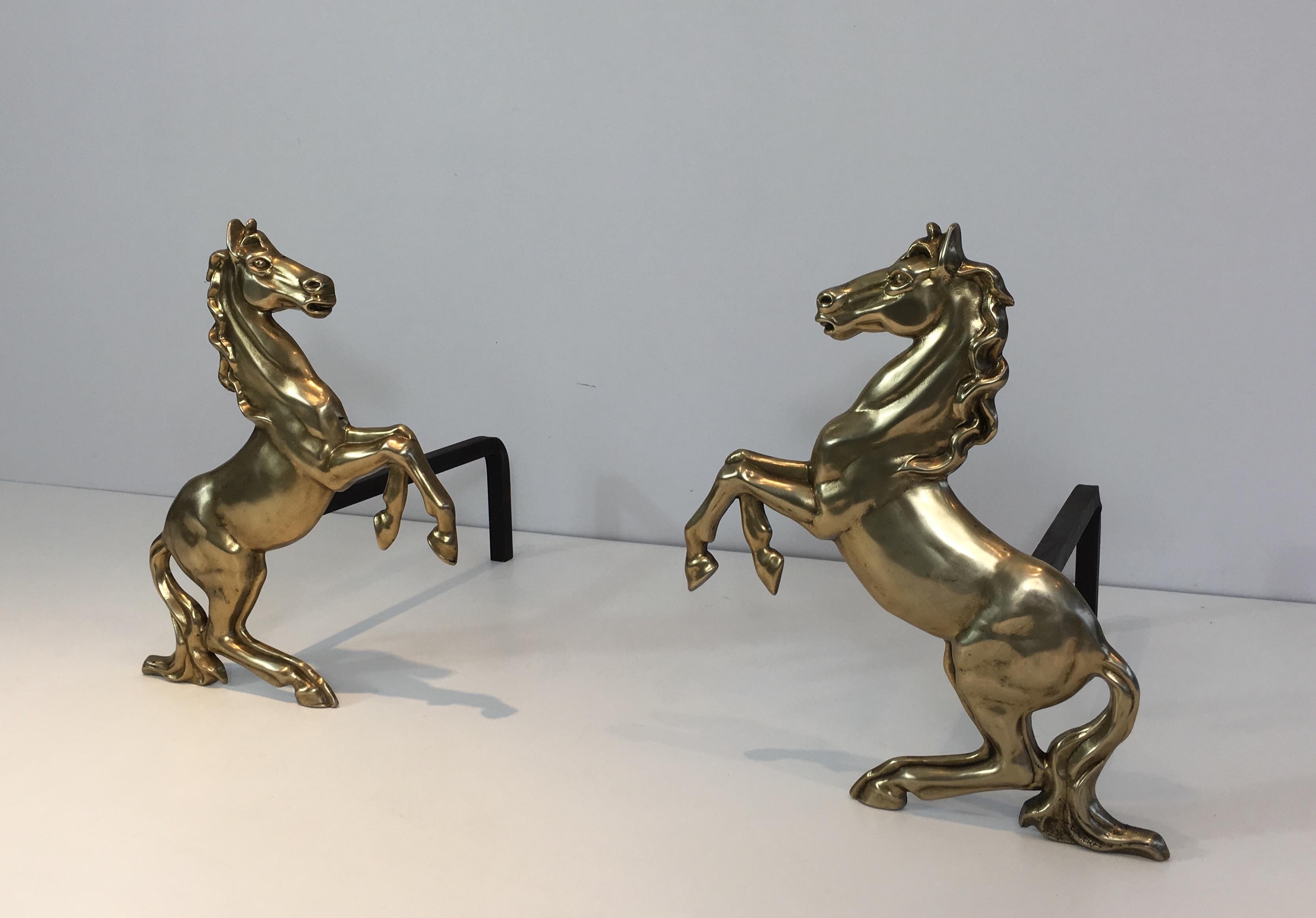 Late 20th Century Pair of Brass Prancing Horses Andirons, French, circa 1970