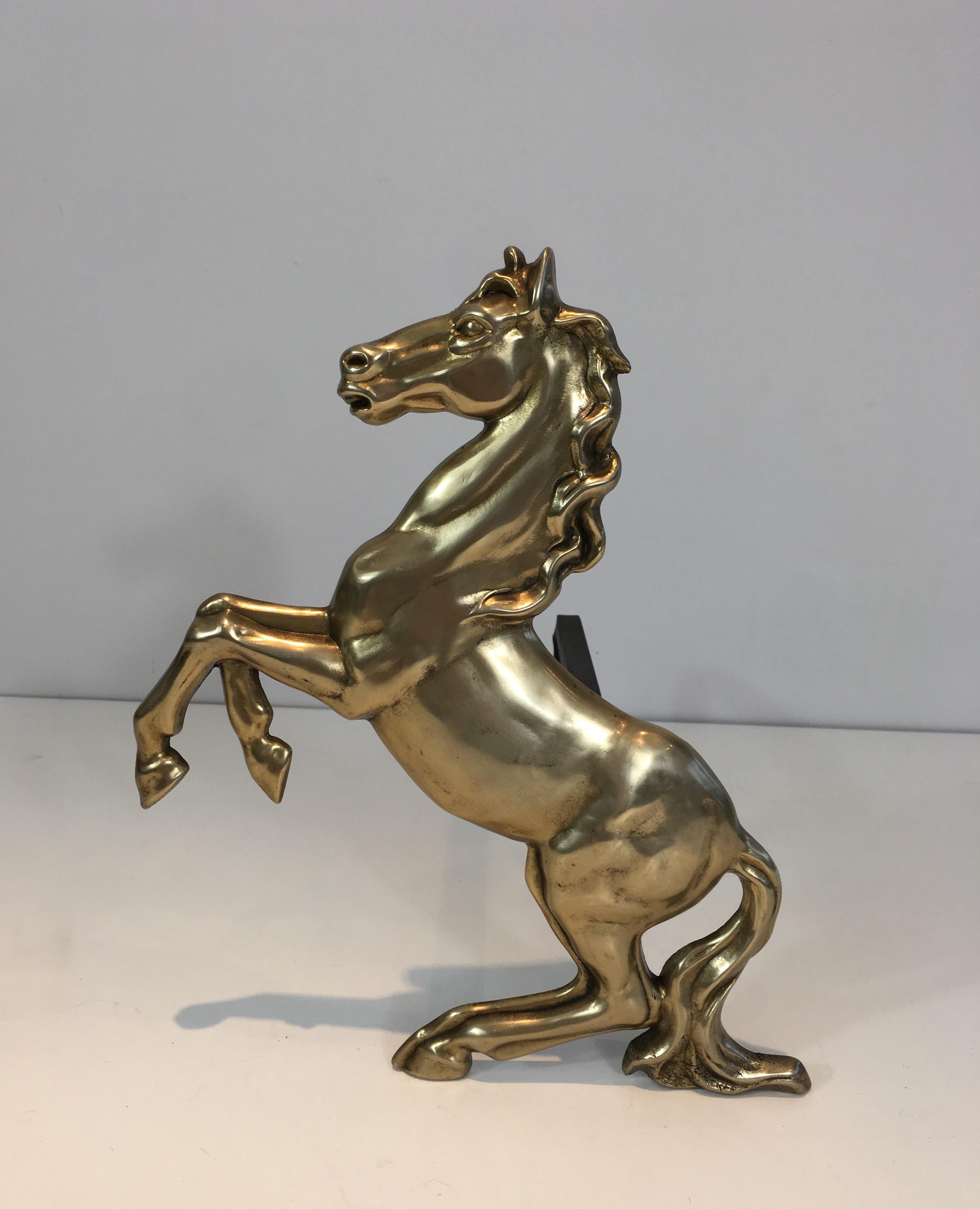 Pair of Brass Prancing Horses Andirons, French, circa 1970 For Sale 1