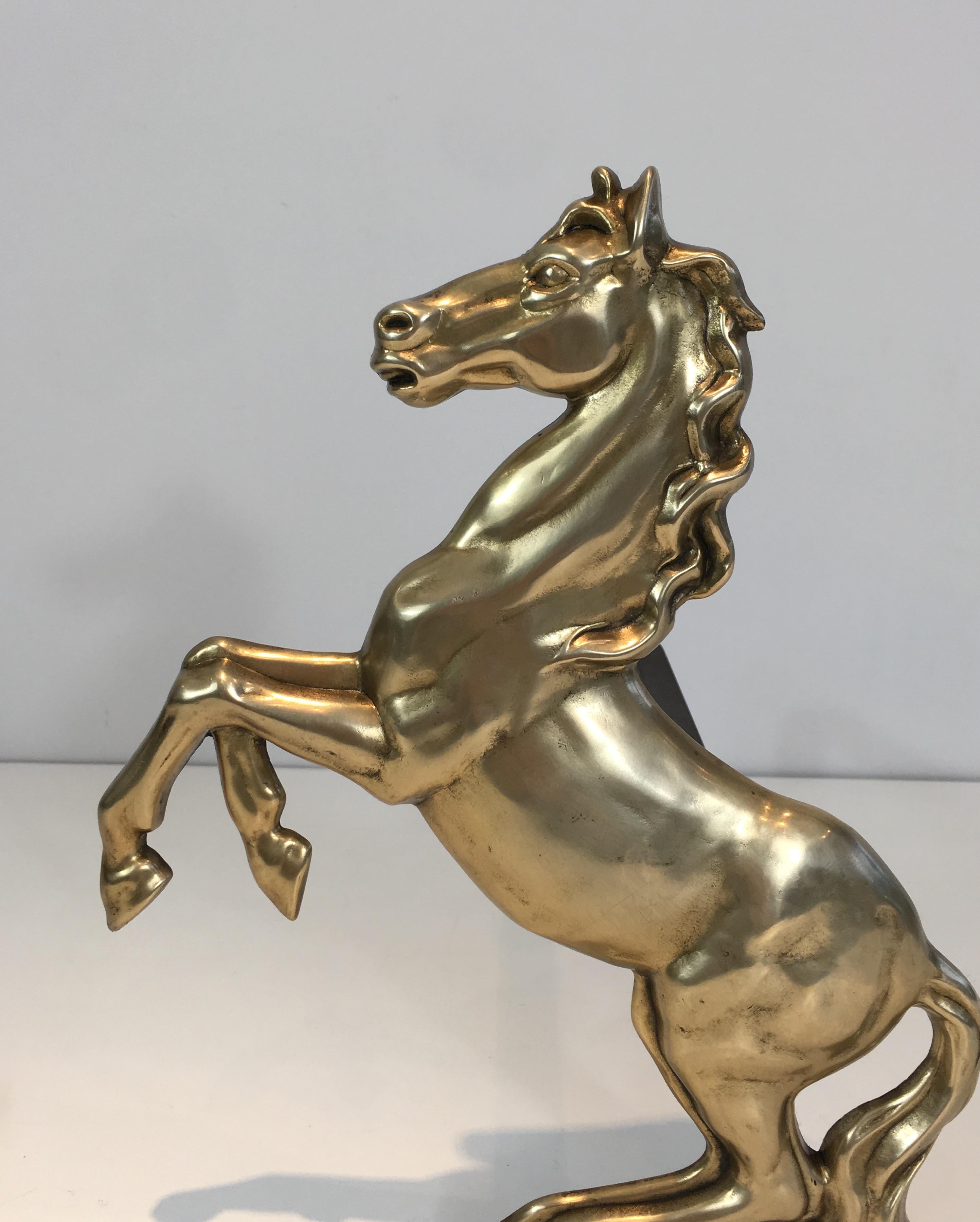 Pair of Brass Prancing Horses Andirons, French, circa 1970 For Sale 2