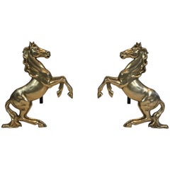 Pair of Brass Prancing Horses Andirons, French, circa 1970