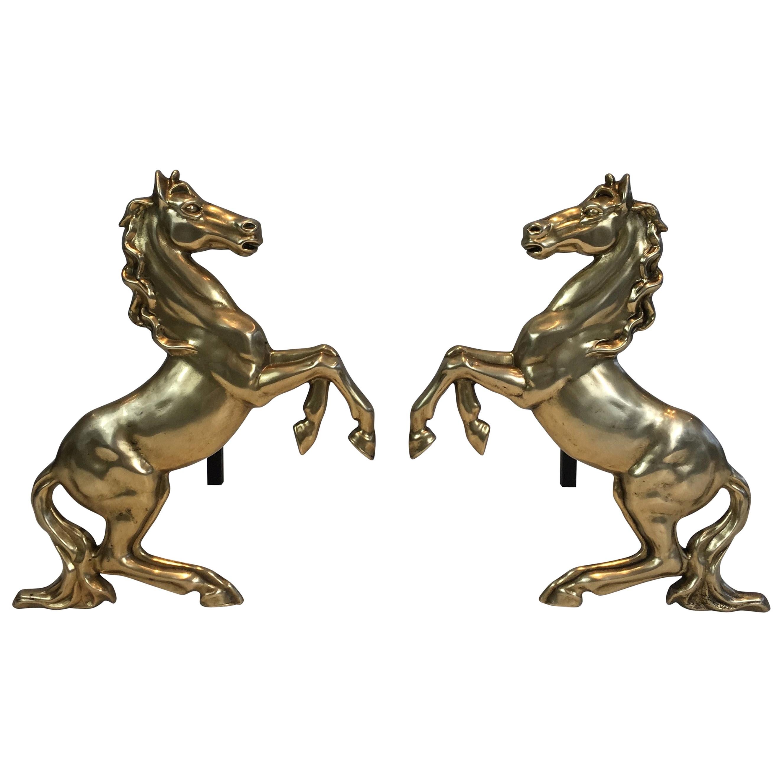 Pair of Brass Prancing Horses Andirons, French, circa 1970 For Sale