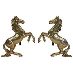 Retro Pair of Brass Prancing Horses Andirons, French, circa 1970