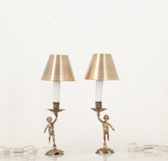Pair of Brass Putti Candlestick Lamps